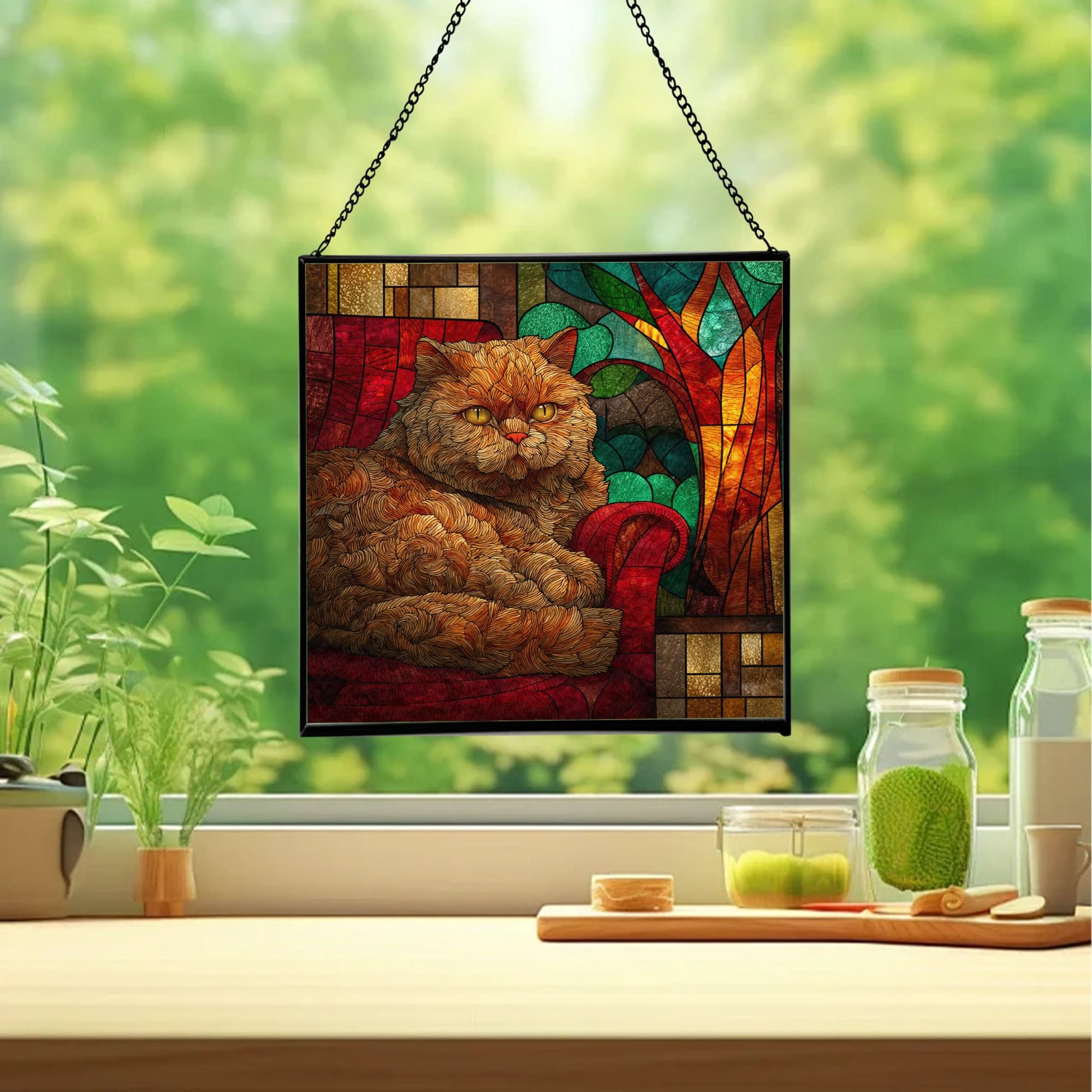 Sel.Kirk Rex Cat Christmas Stained Glass Suncatcher – Square Hanging Holiday Window Panel with Cozy Fireplace Scene – Winter Glass Art Decoration Gift for Animal Lovers, Pet Owners GK1FIX