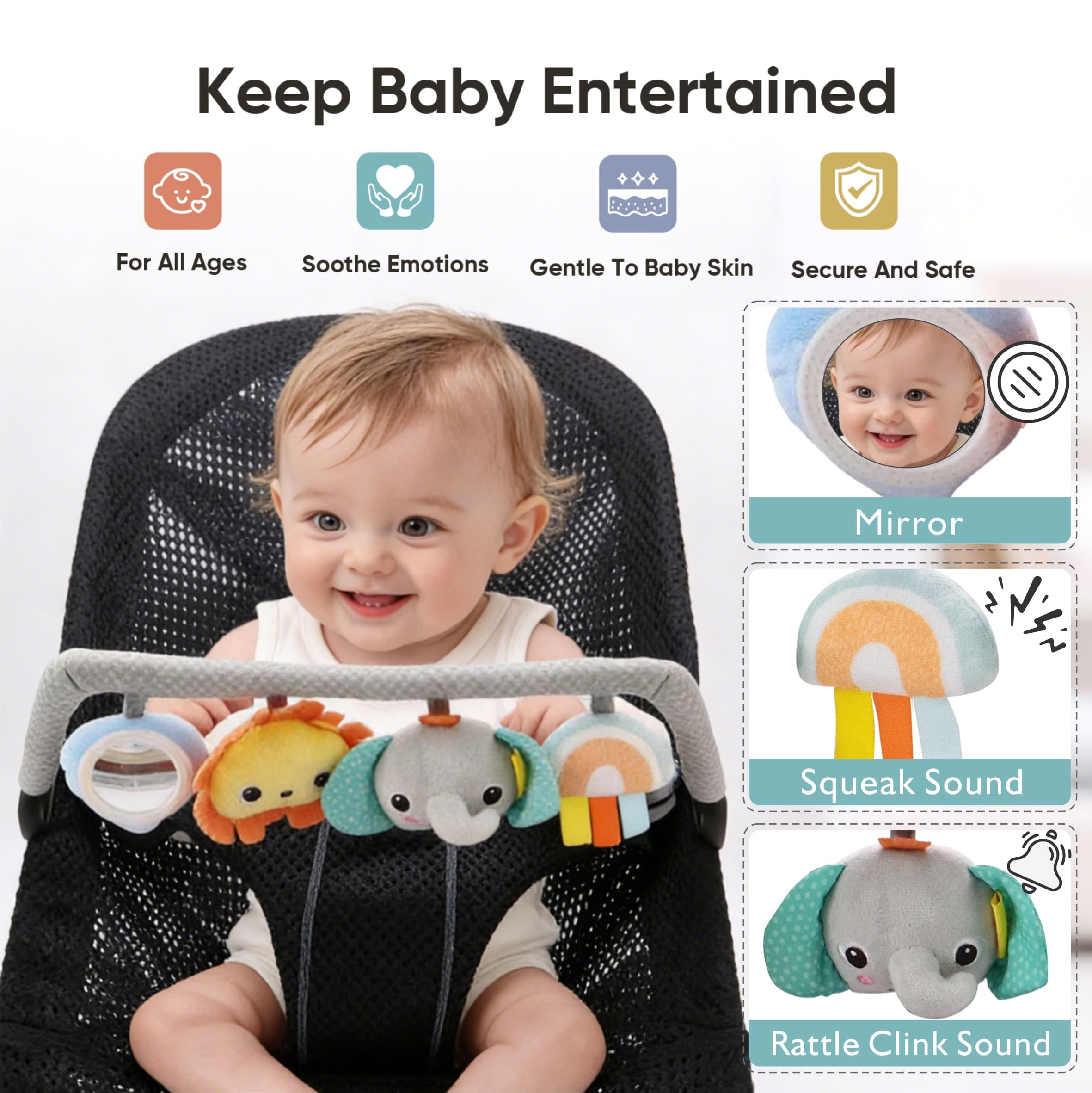 TinlyFinly - Miękka zabawka dla niemowląt z 4 wiszącymi zabawkami sensorycznymi, kompatybilna z Baby Bjorn, z lustrem, grzechotką, pomarszczonym dźwiękiem dla dzieci w każdym wieku (kolorowe zwierzęta