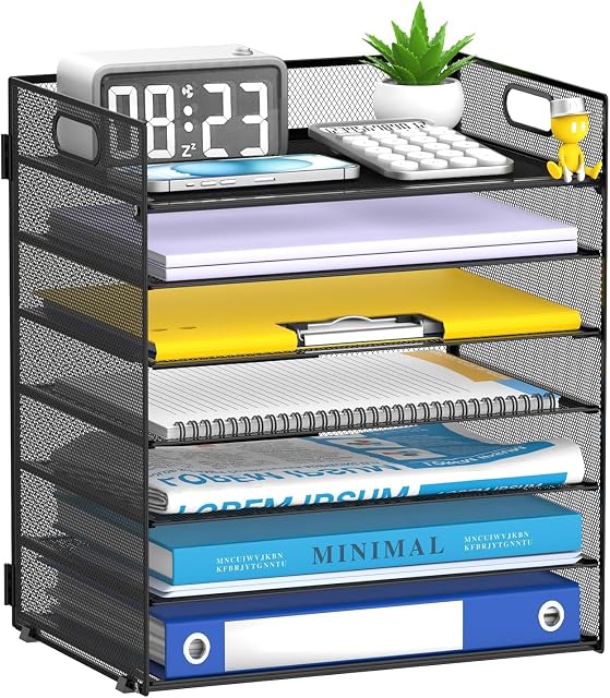 7-Tier Organisateur de fichiers papier pour bureau, organisateur de fichiers Mesh Desk avec poignée, classeur de fichiers papiers pour bureau Home School (Noir)