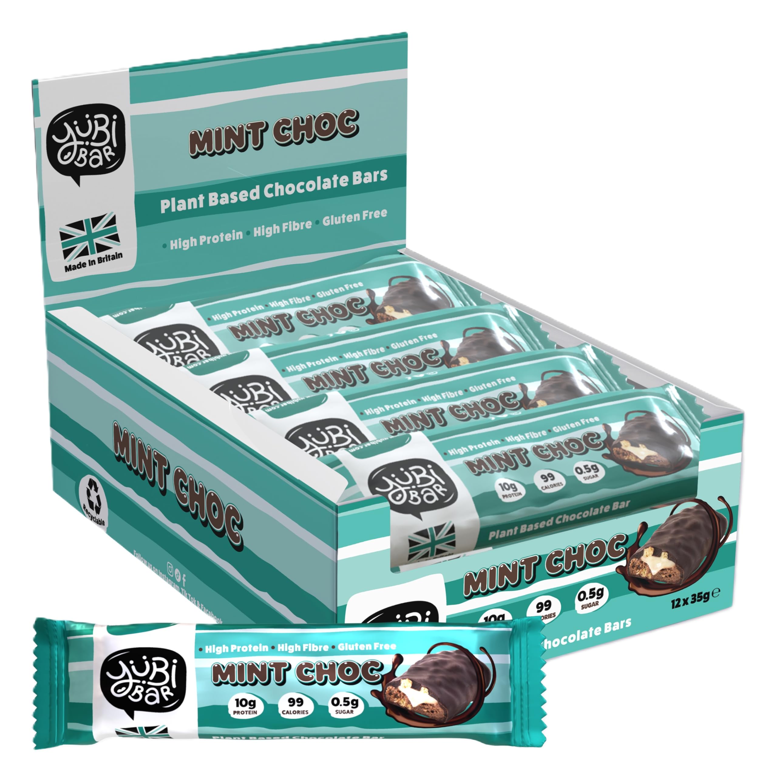 Yubi Mint Choc - 12 Pack - Protein Bars - 99 Calories, High Protein, High Fibre, Low Sugar, Gluten Free and Dairy Free - Healthy Snacks/Nutrition Bar - Chocolate Bars - 420g