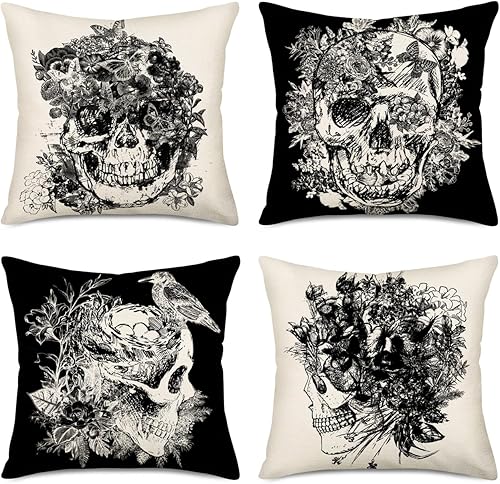 Juego de 4 fundas de almohada decorativas para Halloween, diseño vintage floral de calavera gótica, cuervo, algodón y lino, color blanco y negro,