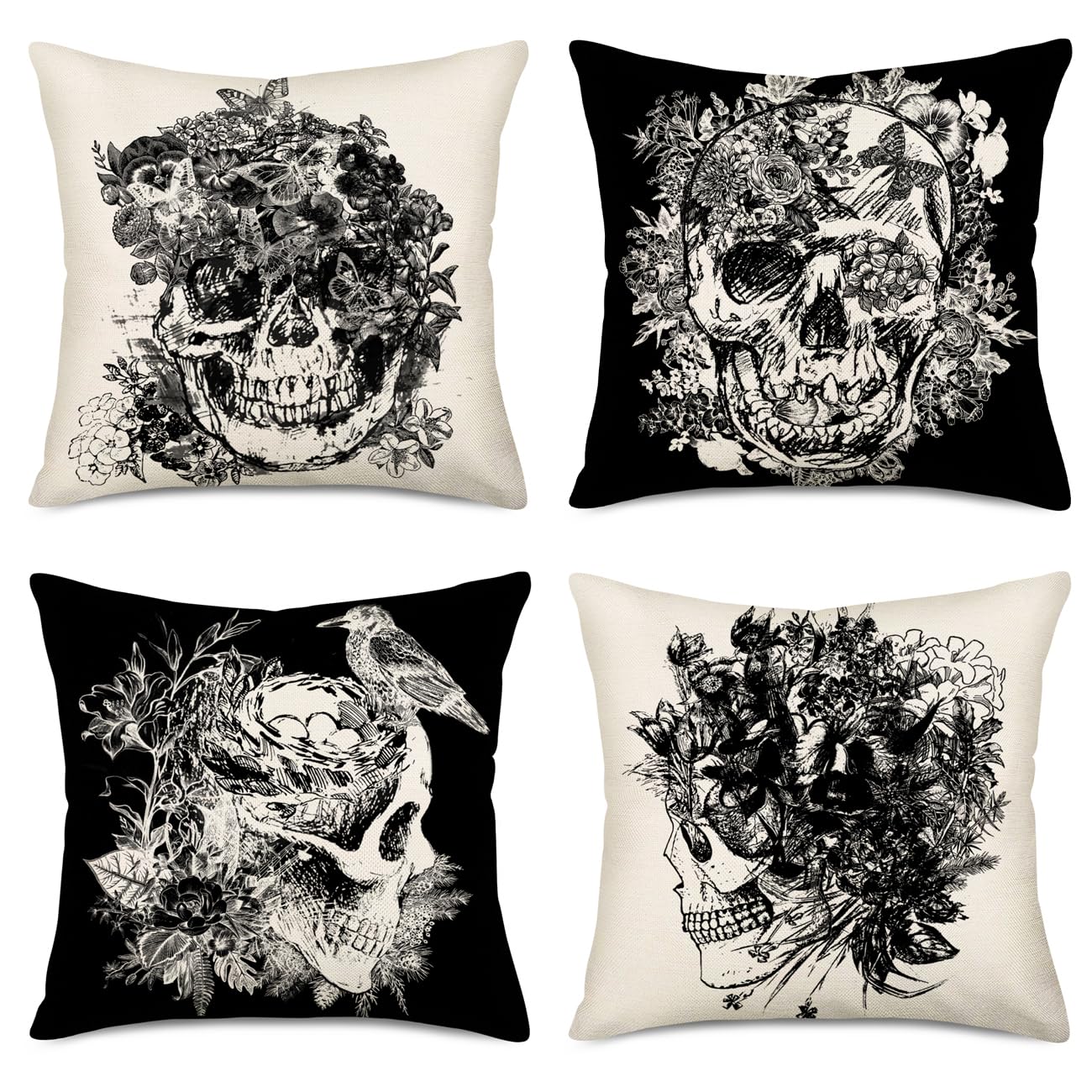 Easternproject Set of 4 Halloween Decorative Pillow Cover Vintage Floral Skull Gothic Crow Throw Pillow Case Cotton Linen White Black Style Day of The