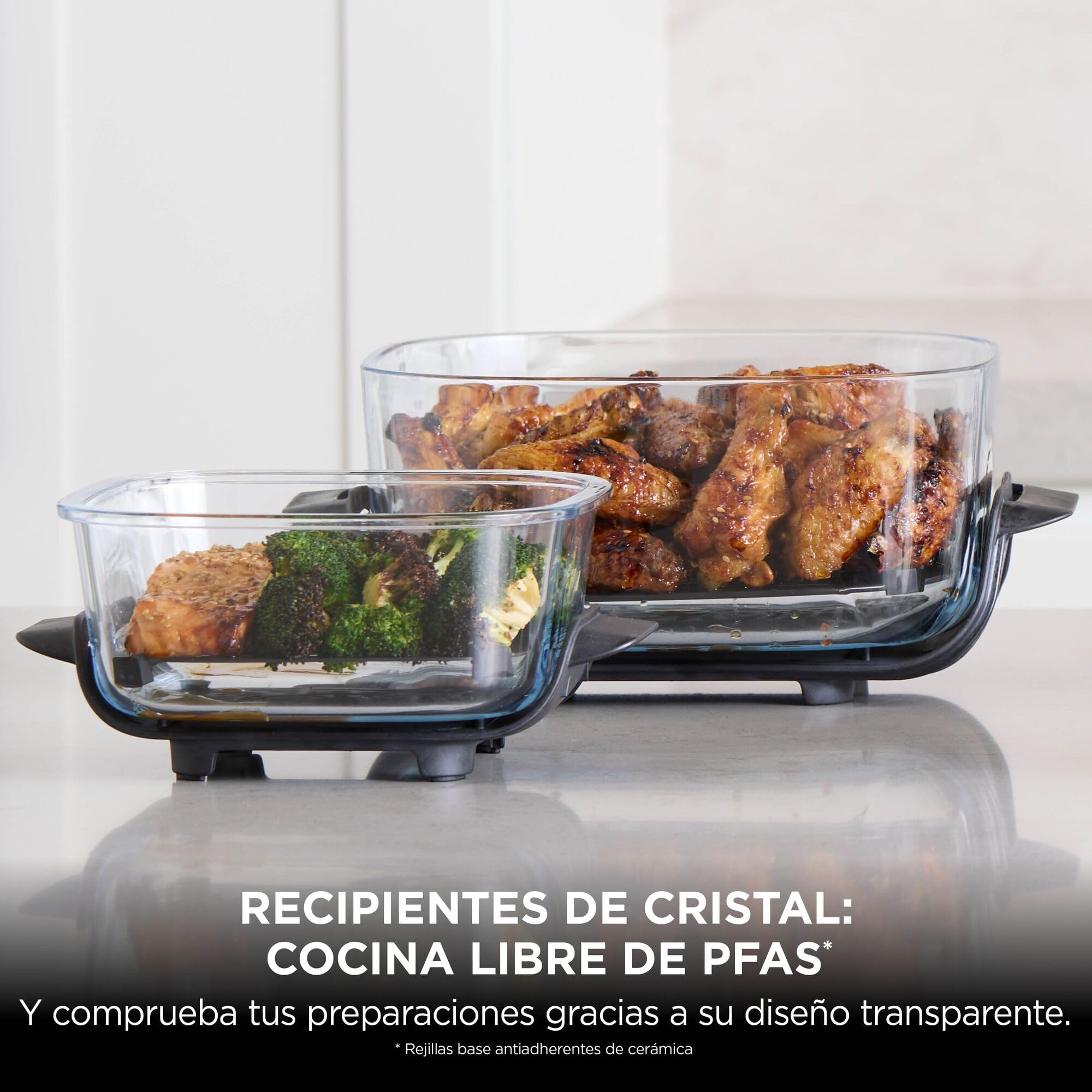 Ninja CRISPi Freidora de Aire portátil, 3,8 l, 4 en 1, freír con Aire, Asar, Mantener Caliente y gratinar, compacta, Incluye 2 recipientes de Vidrio extraíbles y Tapas