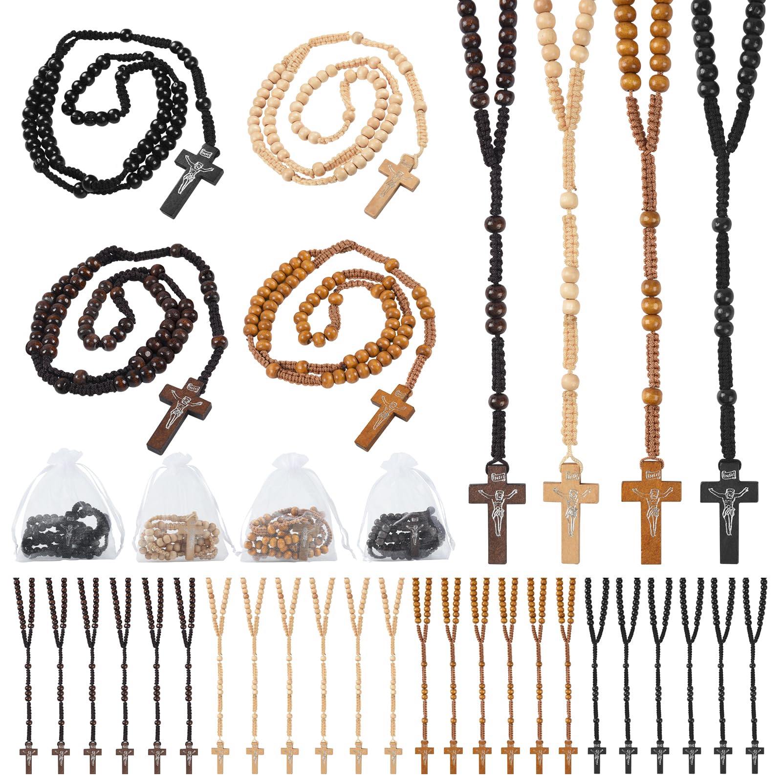 60 Set Wooden Rosary Beads Bulk Wood Catholic Rosaries with Jesus Holy Cross First Communion Wood Carved Rosary with Organza Bags Religious Rosary Catholic Baptism Church Present for Men Women (Multicolor)