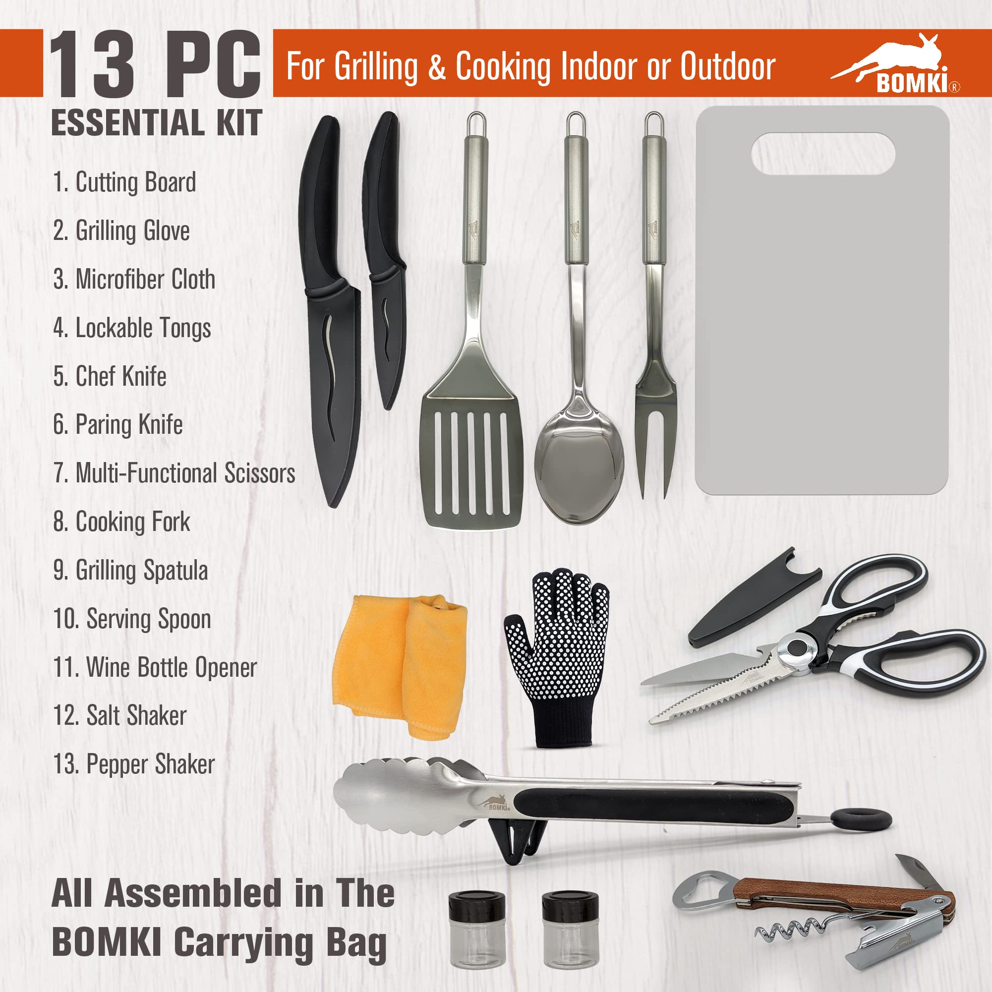 Set di 13 utensili da cucina per grigliare e campeggio, per barbecue all’aperto, in acciaio inox, set da cucina e utensili da cucina, kit di accessori con borsa leggera ed elegante a tracolla (verde)