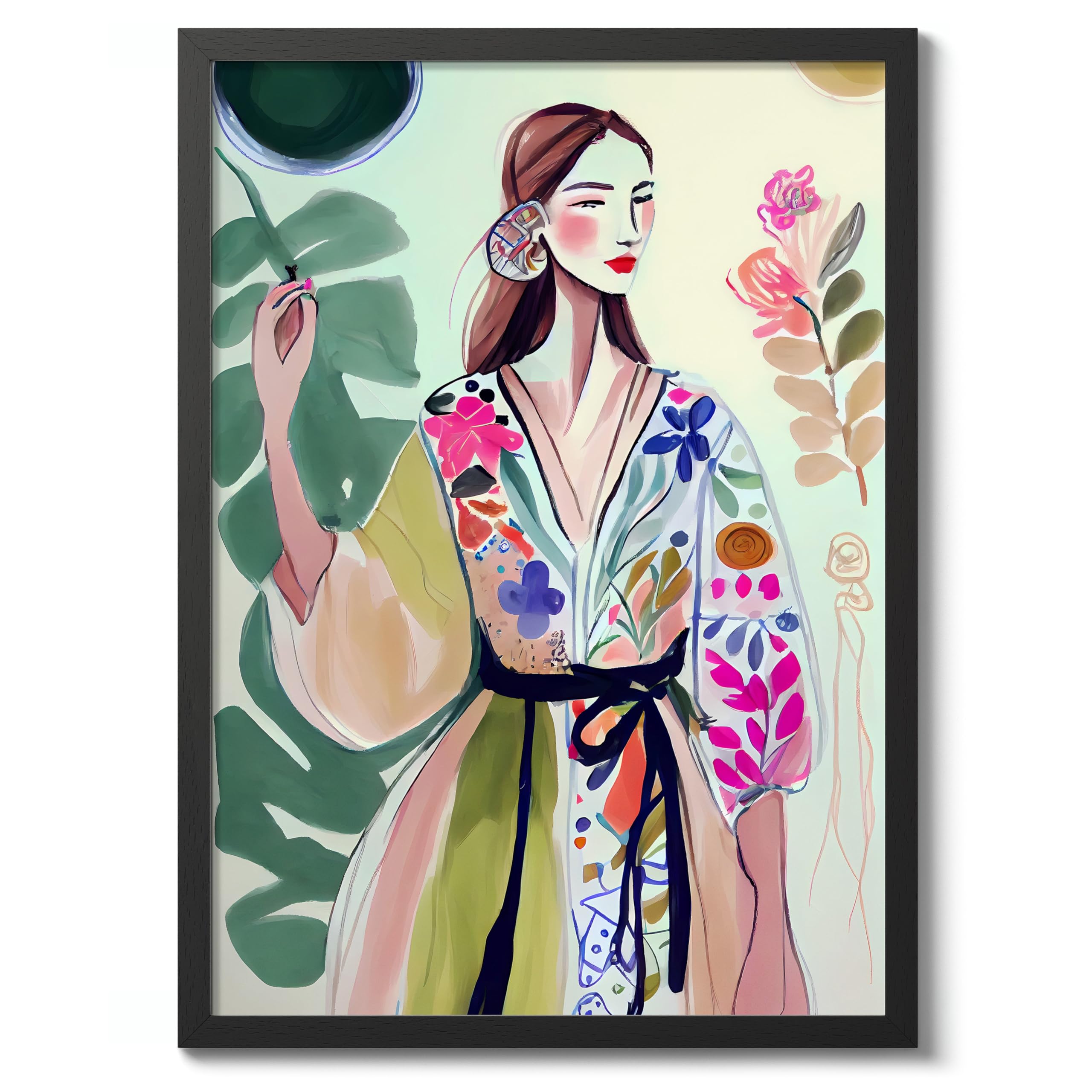 Geisha Beauty Boho Room Decor Wall Art, Watercolour Poster, Maximalist Decor Aesthetic Print, Bedroom Gallery Artwork, Archival Matte, A2 (Black Frame) - 59.4x42cm โ image 1