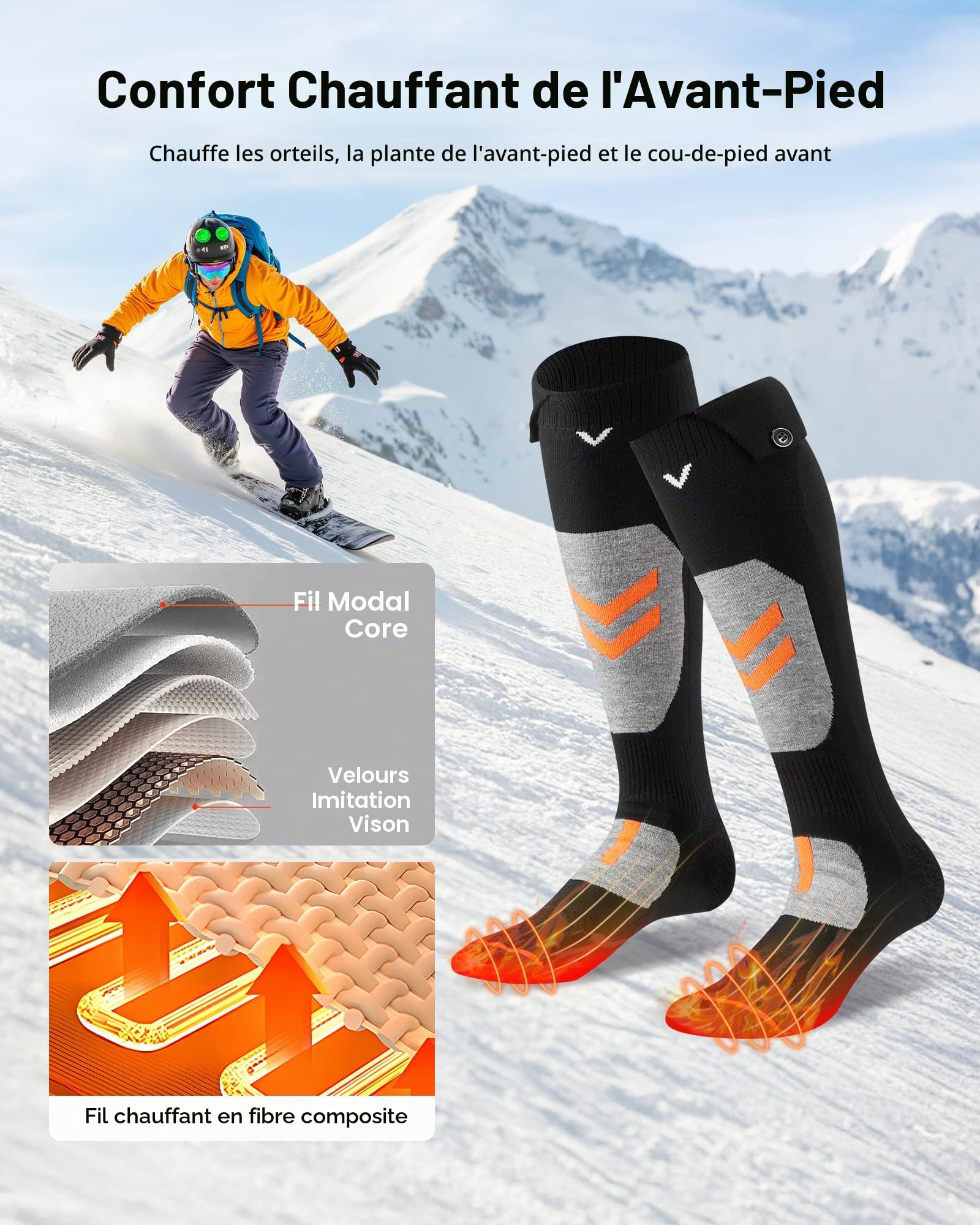 VEVOR Chaussettes chauffantes, batterie 5000 mAh rechargeable, avec 4 niveaux de chauffage, chaussettes chauffantes électriques avec contrôle par application pour homme et femme, chauffe-pieds pour la