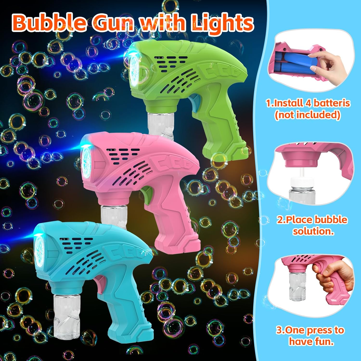 Panamalar 3 Packs Bubble Guns for Kids, Bubble Machine 5000+ Bubbles Per Minute with 3 Bottle Solution/10 Bag Refills/Lights, Portable Bubble Blower Toy Bubble Gun Blaster for Outdoor Party Wedding - Image 4