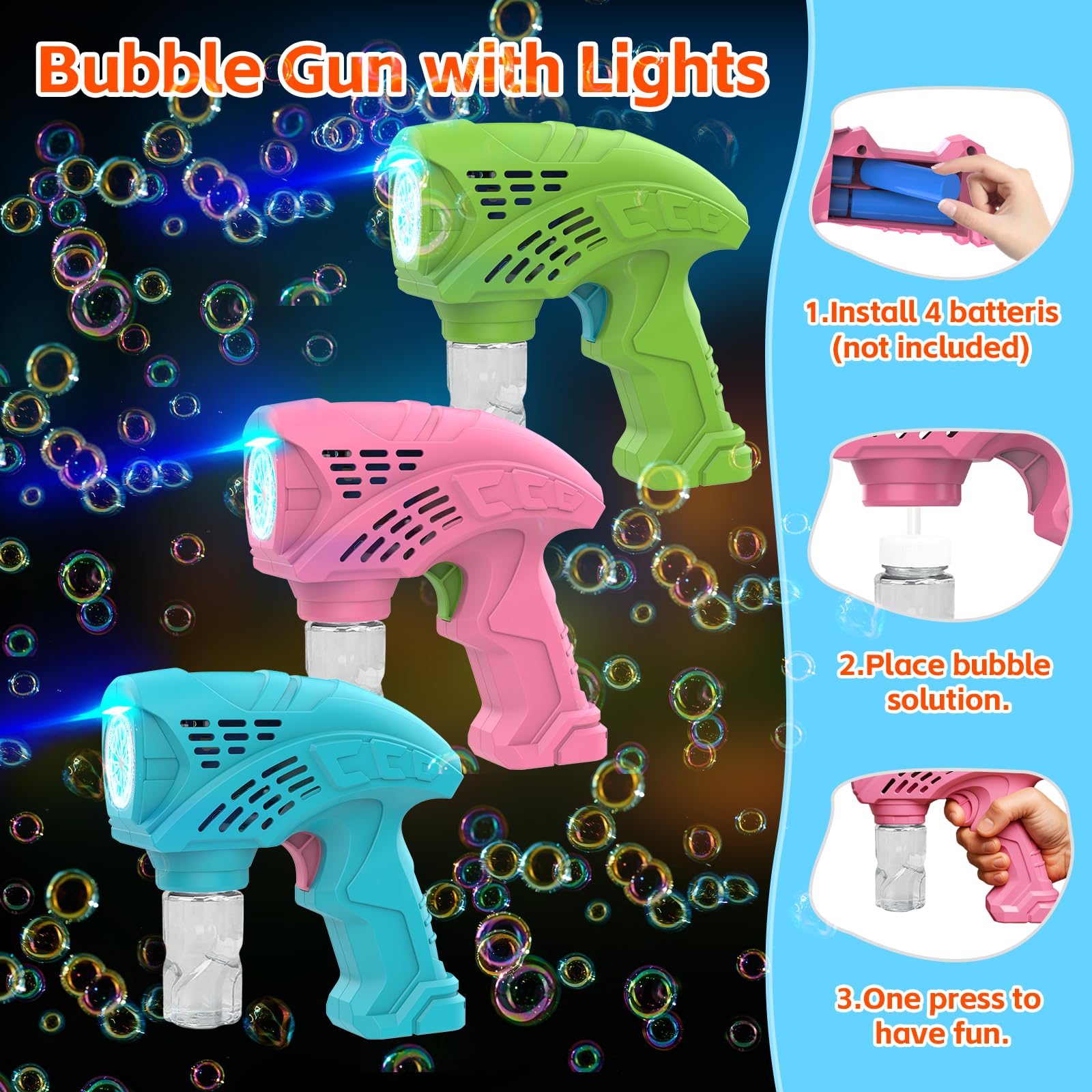 113A Panamalar 3pcs Pistolets à Bulles,Machine à Bulles Savon Enfants 4000+Bulles Contient 3 Flacons de Solution et 10 Sachets de Recharge Enfant/Anniversaire/fête