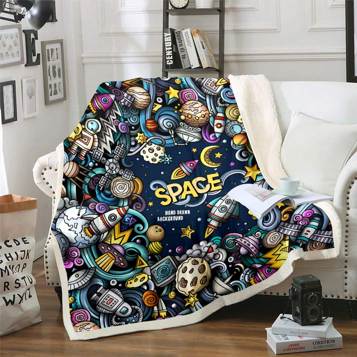 Loussiesd Colour27 Space Rocket Graffiti Sherpa Fleece Throw Blanket - Double, 60"X79" Fuzzy Blanket With Outer Space Themed Planet Pattern