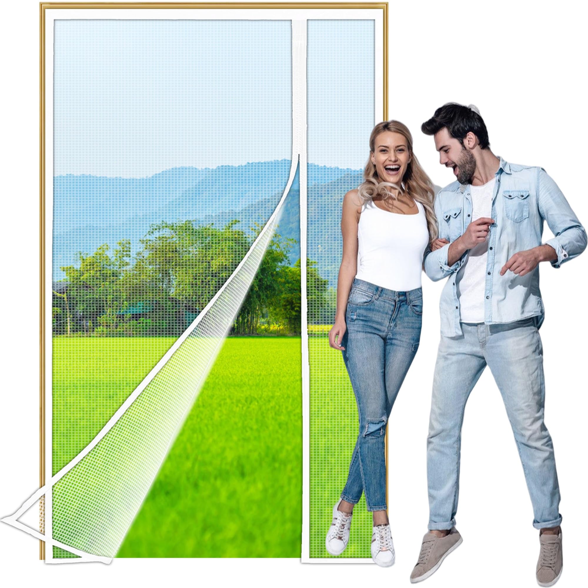Zlhloj Side Opening Fly Screens for Doors, 300x245 cm Custom Sizes Magnetic Screen Door for French/Sliding Glass/Patio Doors, Anti-Tearing Reinforced nsect Fly Mesh White