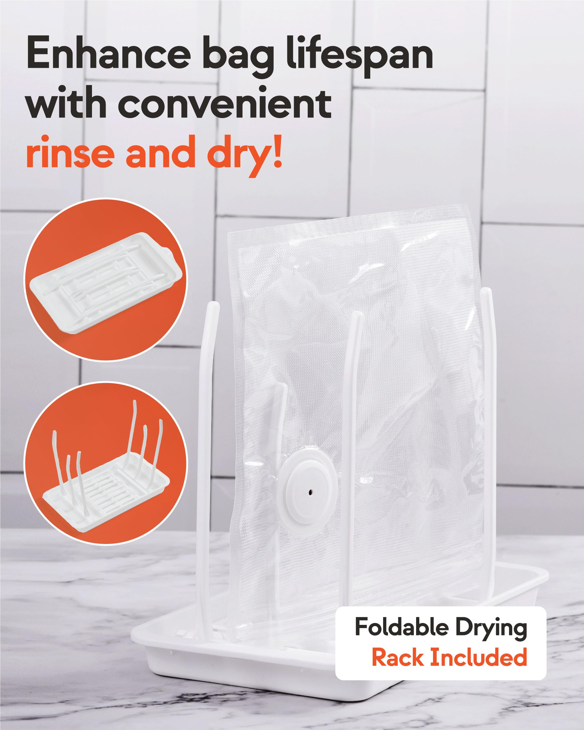 Envasadora al vacío con tanque de agua visible, 10 bolsas reutilizables (S, M, L – 10 de cada tamaño), escurridor plegable y cable de carga – Sellador de alimentos compacto & potente para frescura