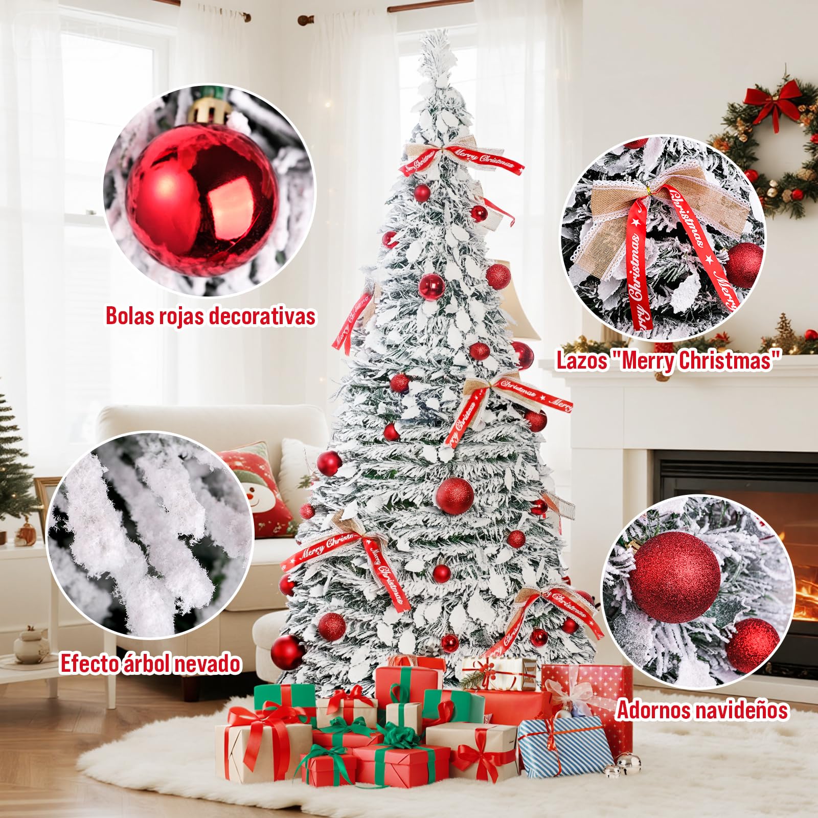 210cm Árbol de Navidad Plegable, árbol de Navidad Artificial en Blanco nevado con Adornos navideños y Lazos, Montaje fácil, decoración para Fiestas navideñas