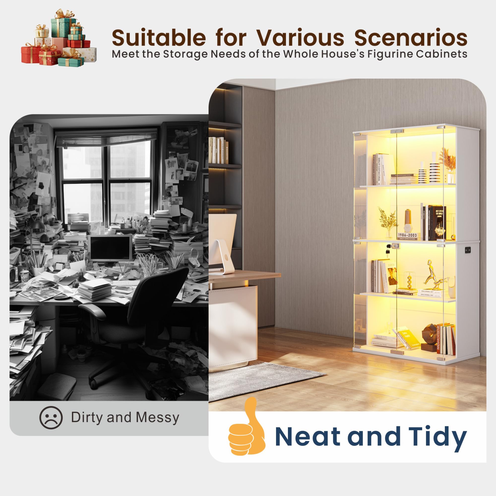 Lvifur Vitrina con iluminación LED y Puertas de Cristal para coleccionables y vinos, 35×70×168 cm, 4 Niveles, con sensores Inteligentes para salón o Dormitorio, Blanca