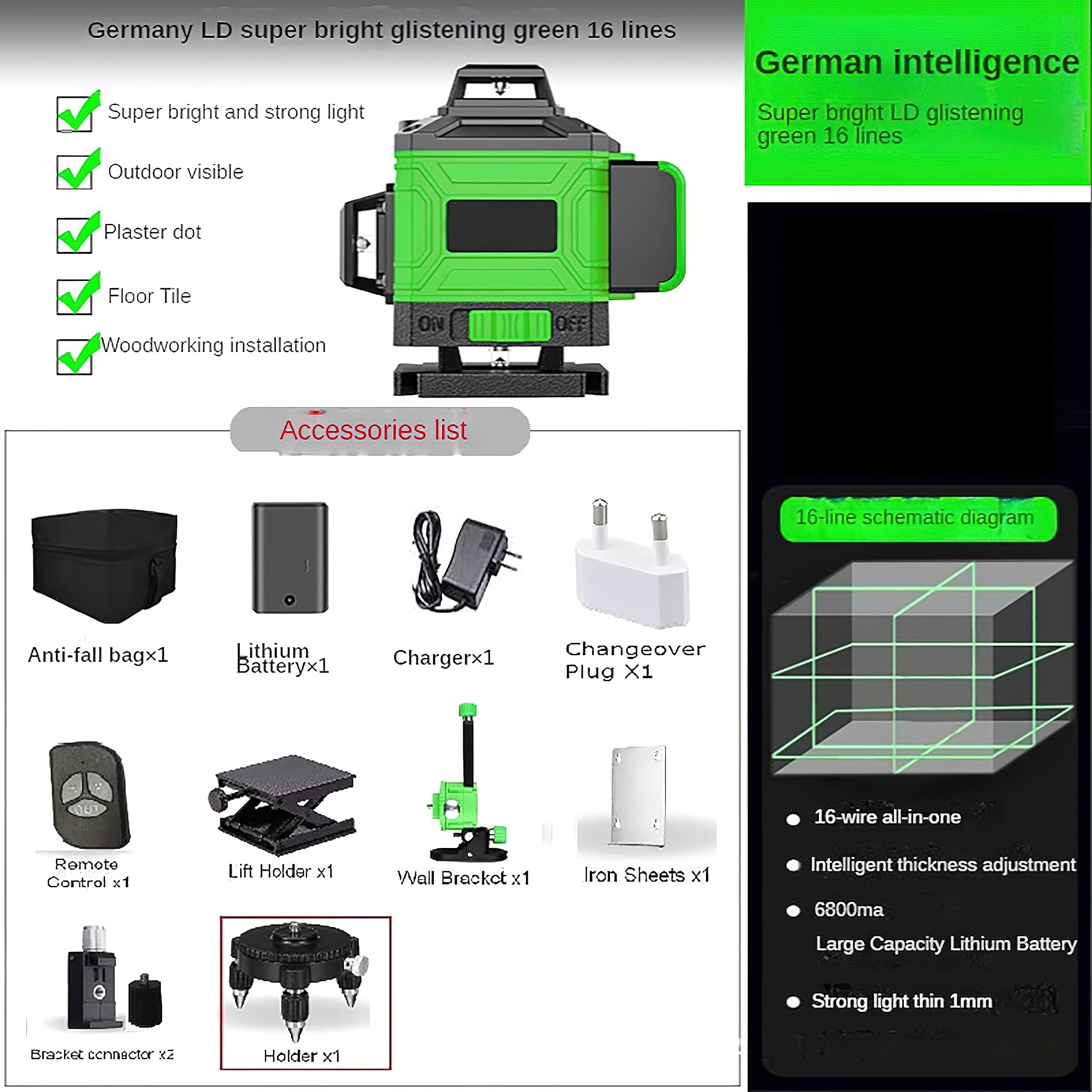 Laser en croix - 4 x 360 ° - Vert - Niveau laser auto-nivelant - Niveau laser 16 lignes avec trépied - Batterie rechargeable - 2 batteries de 2600 mAh - Laser de construction