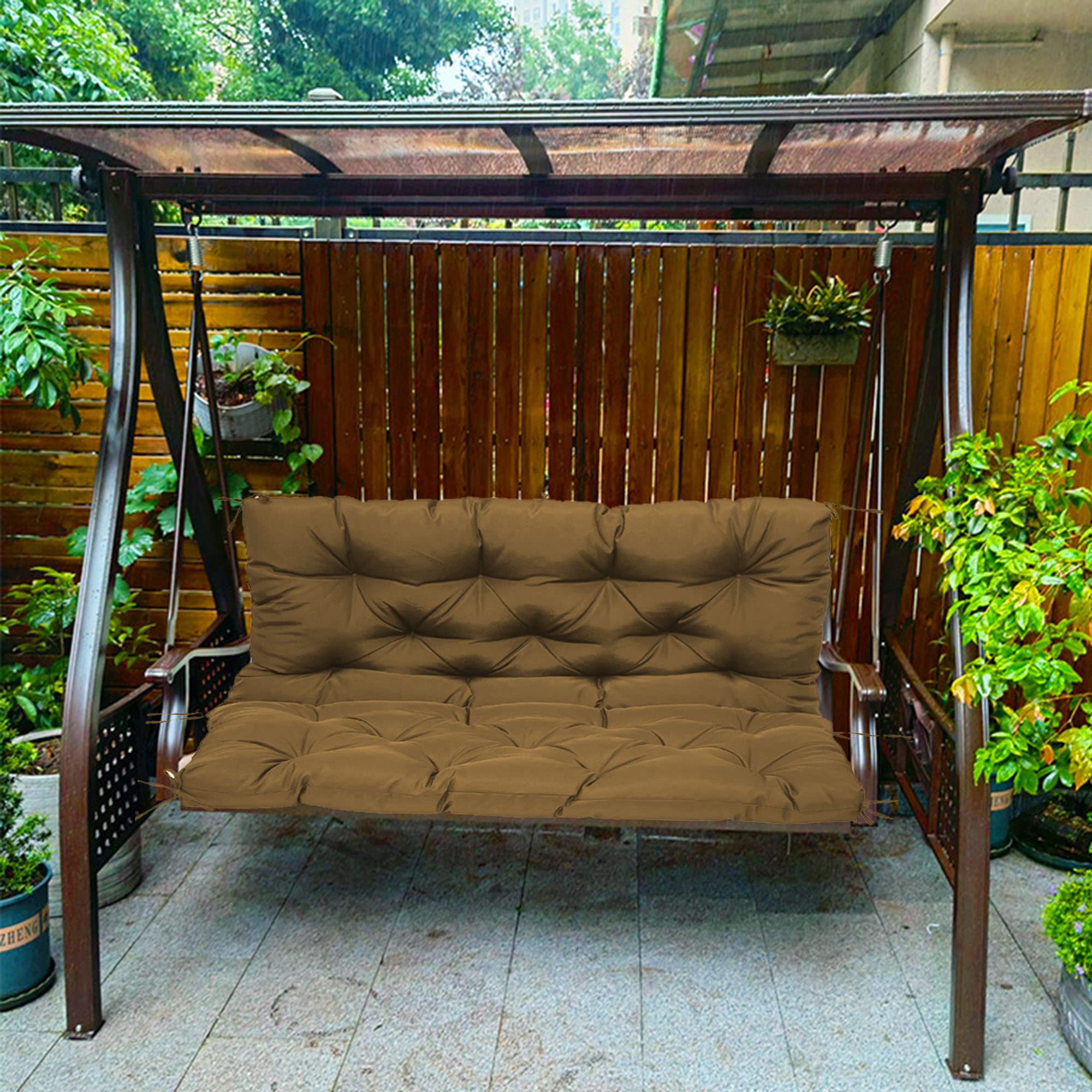 Tapis de balancelle 3 places kaki 150x100 cm avec auvent et dossier de rechange pour jardin