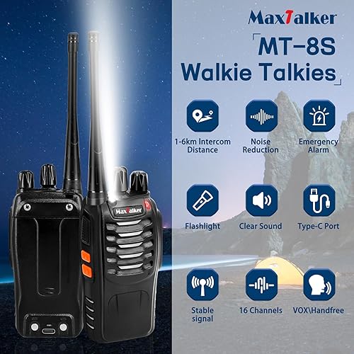 Miniatura 2 de Walkie Talkies recargables de largo alcance MaxTalker MT-8S Walky Talky con auriculares, linterna de batería de 1500 mAh, radios Walkie Talkies para