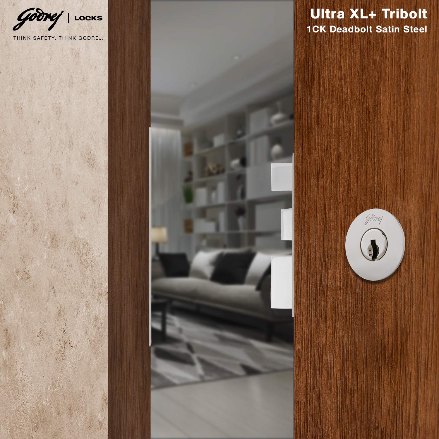 Godrej Rim Lock l Tribolt Ultra XL+ I 1CK Deadbolt l for Inside Opening, Double and Sliding Wooden Doors l Left/Right-Handed Doors l 4 Keys l 5 Year Warranty l Manual Locking I Satin Nikel Finish — Amazon image 3