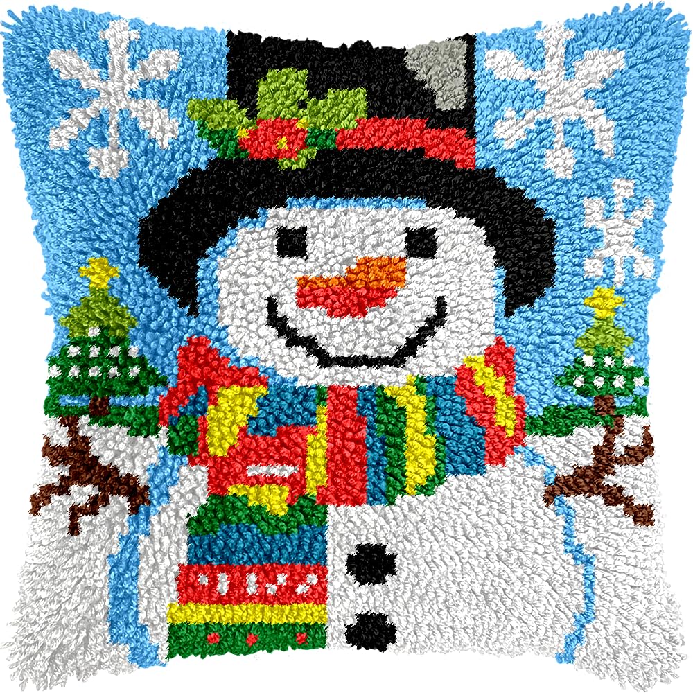 Happy Snowman Christmas Latch Hook Kits for Adults Kids, Beginners DIY Latch Hook Pillow Kit Pre-Printed Latch Hook Rug Kits Cross-stitch Embroidery Cushion for Home Sofa Decoration 17x17 in.