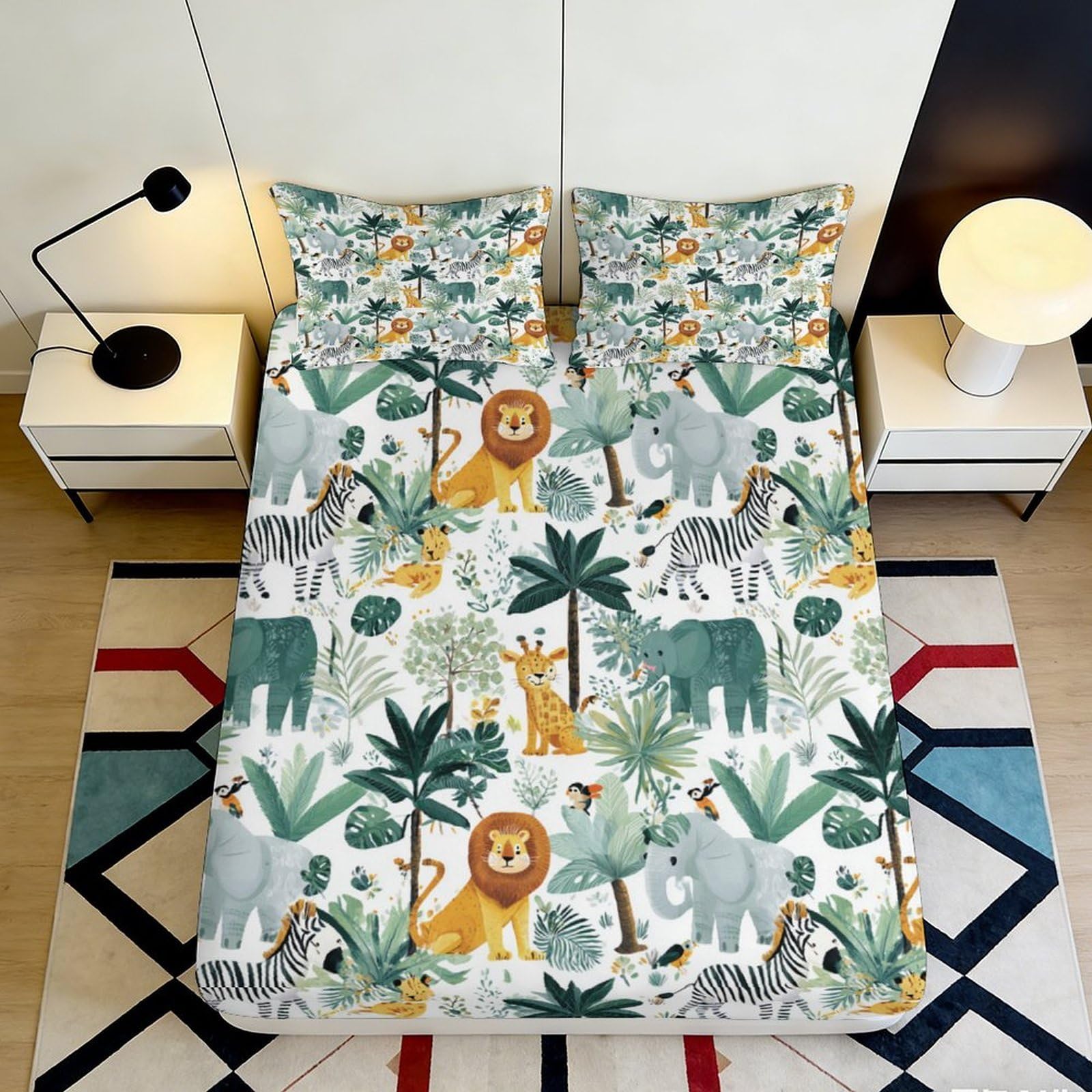 3D Printed Jungle Safari Fitted Sheet Microfiber Soft Animal Forest Bed Cover for Bedroom Guest Room Decor 90x200x25cm