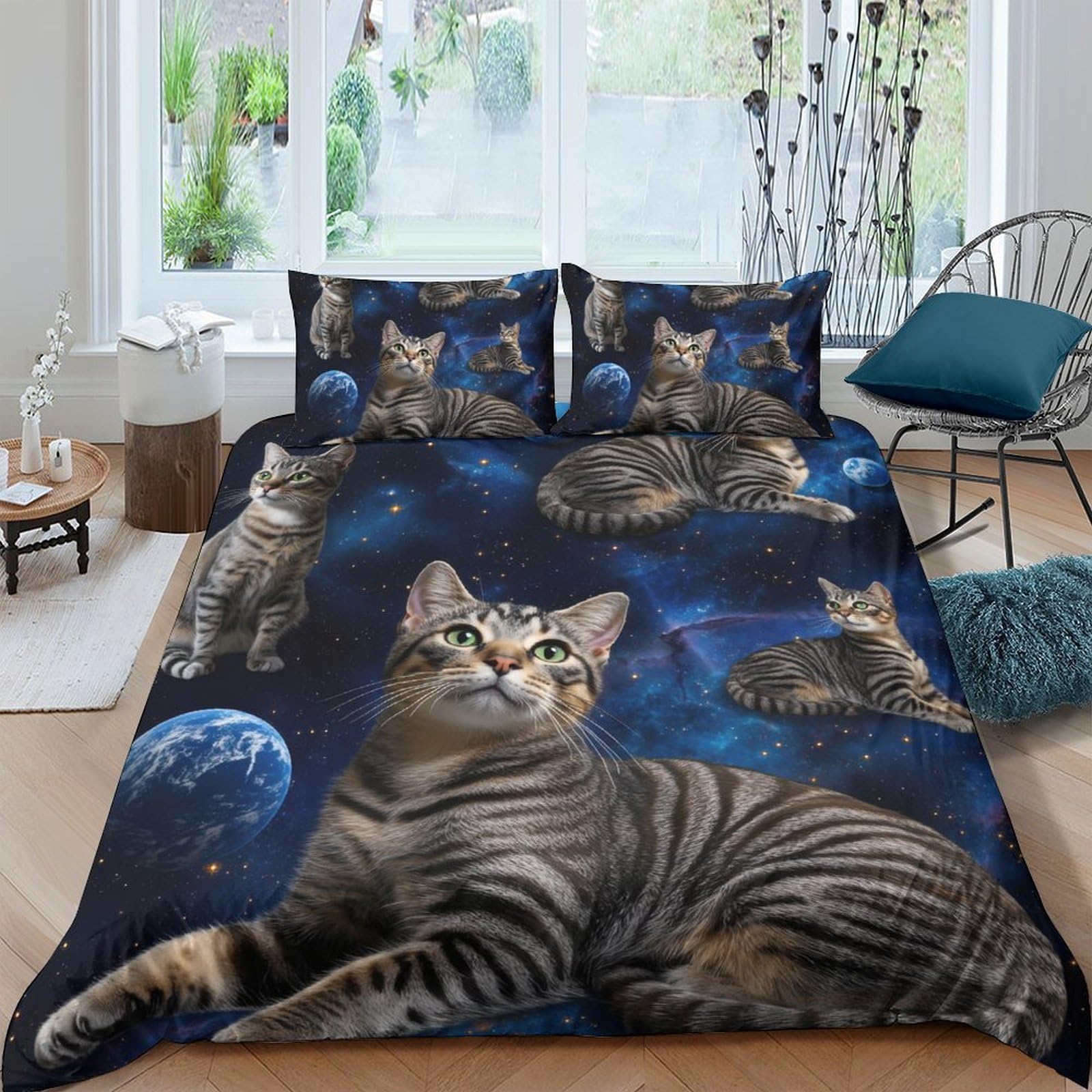 Ctjqhvkz Style-3 3D Printed Galaxy Cat Fitted Sheet Microfiber Artistic Blue Space Mattress Cover For Bedroom Dorm Easy Care Decor Single（135X200cm）