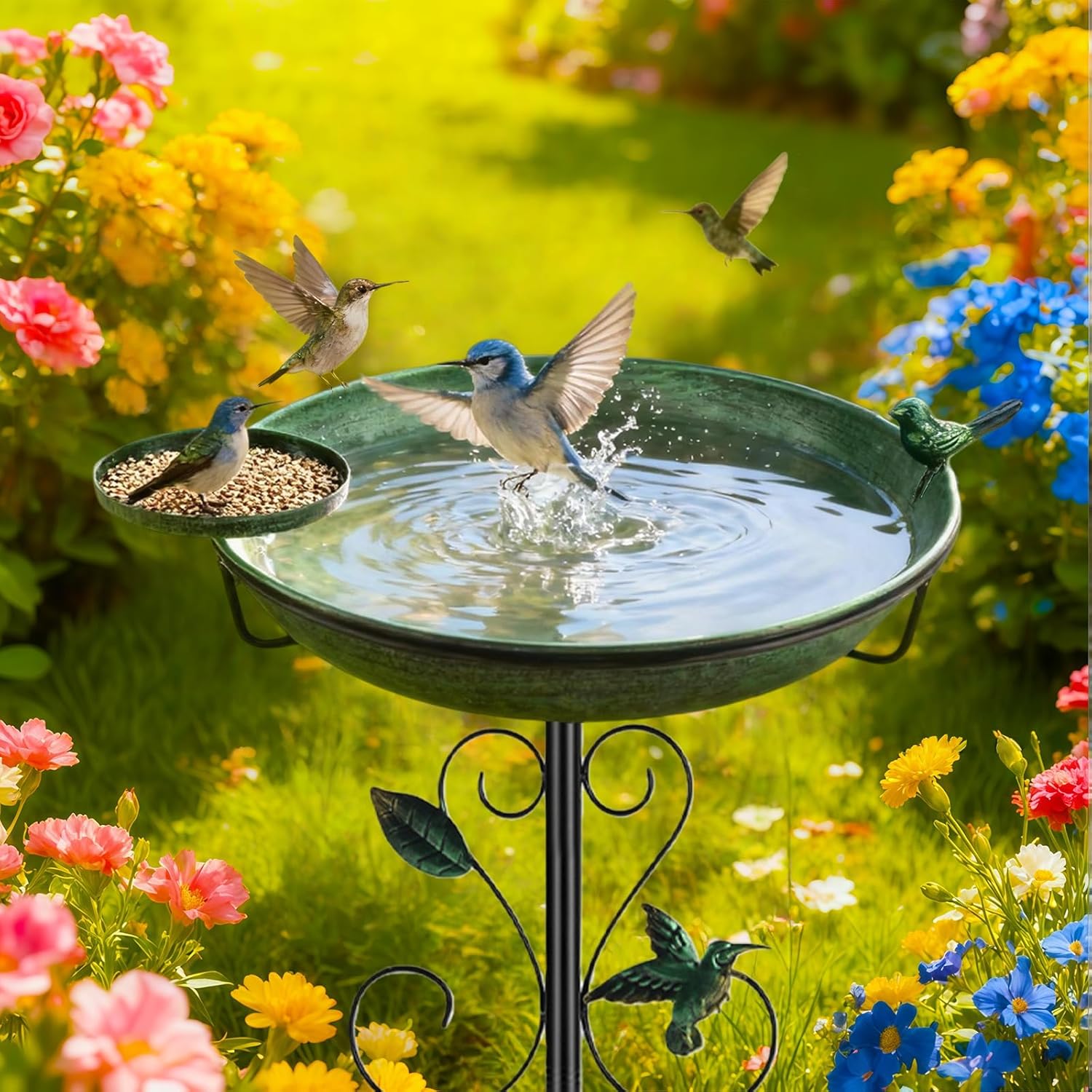35" Tall Metal Bird Bath for Outdoors with Small Bird Feeder Bowl, 2" Deep 12" Dia Removable Bird Baths for Easy to Clean and Refill, Upgraded 7-Prong Base for Garden, Yard & Lawn (Green)