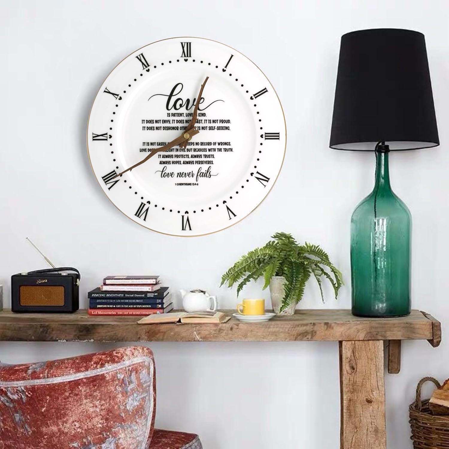 Treble Bee Love Never Fails Porcelain Clock with Gold Trim for Home, Kitchen, Living Room, Farmhouse Wall Clock Decoration -10 inch