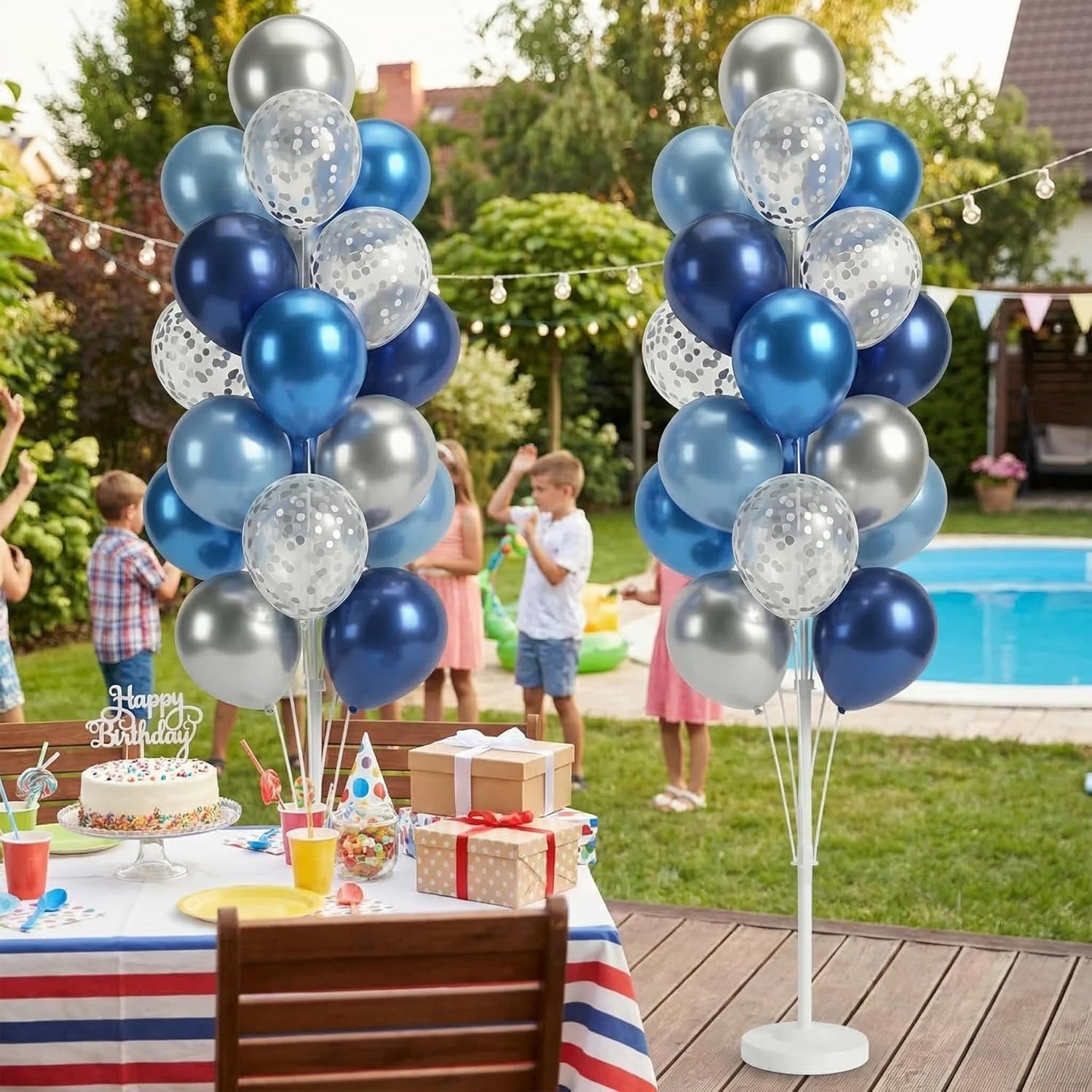 Blue Silver Balloon Column Kit Set of 2 With Dark Navy Confetti Balloons Included-Balloon Tower Stand, Base&Pole,Backdrop Decoration for Wedding, Baby Shower,Birthday,Graduation,Engagement Party