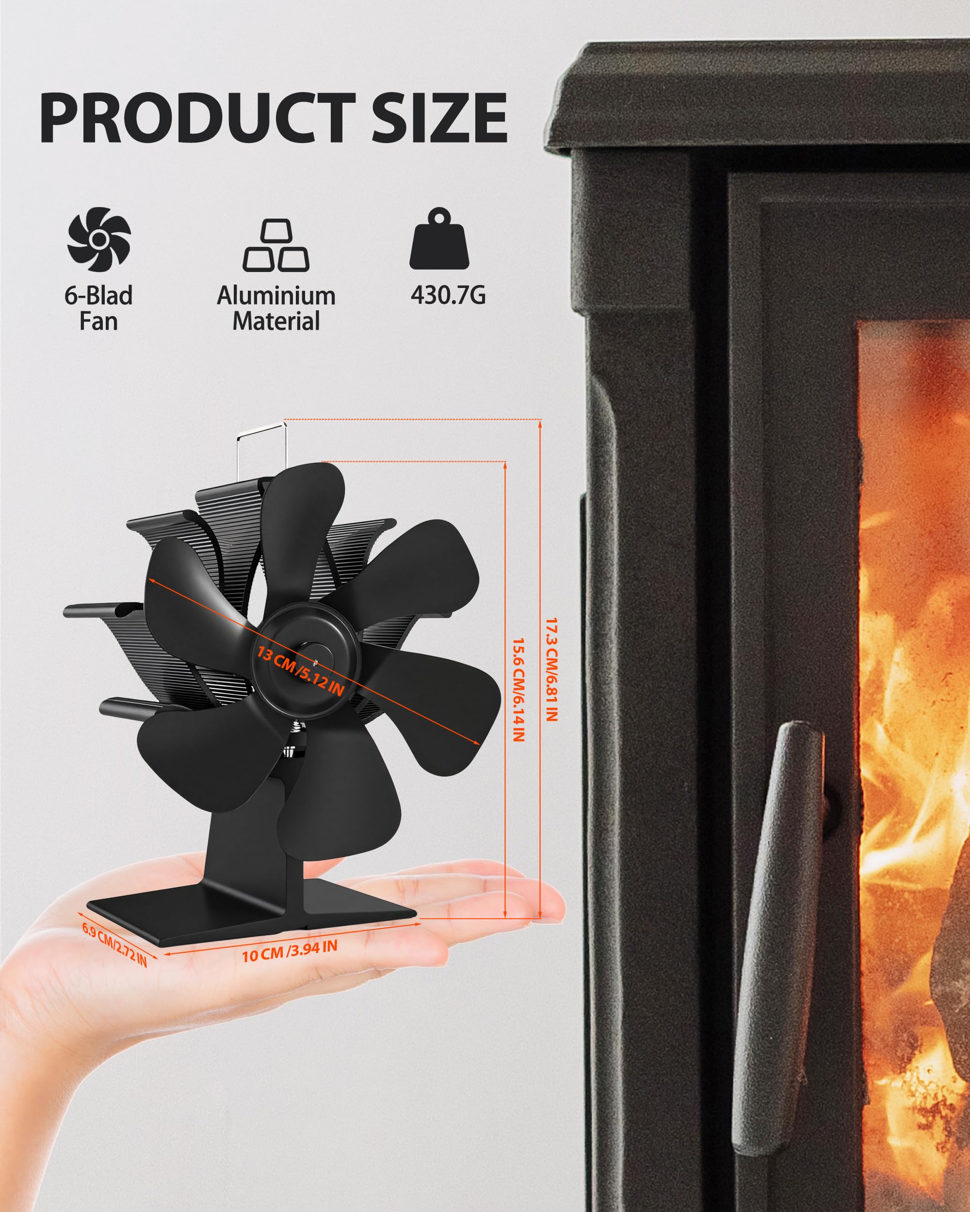 TITECK 6-Blade Log Burner Fan with Thermometer, Heat Powered for Wood Burning Stove Compact & Silent with Overheat Protection - Image 2