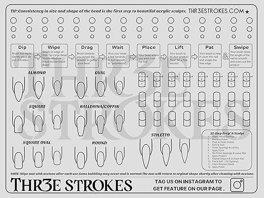 THR3E STROKES Acrylic Nail Training Mat – Silicone Trainer Sheet for Application Practice, Flexible Roll Up Pad Template for Acrylic Fingernails, Learn How to Apply Acrylic Nails