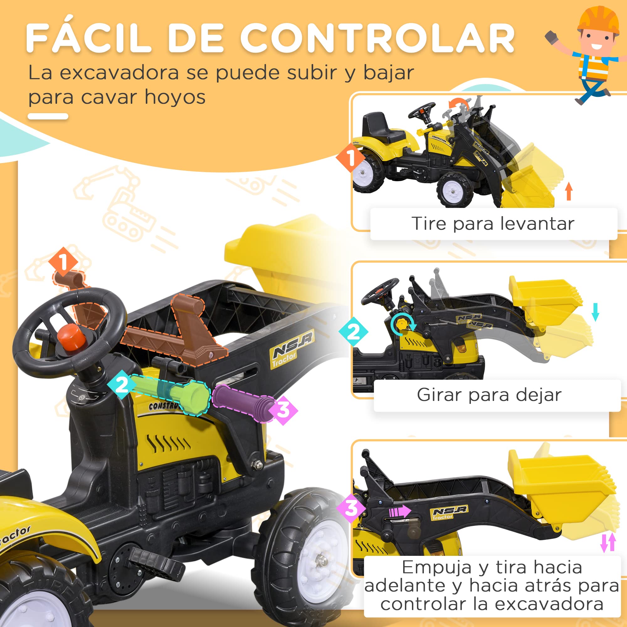 HOMCOM Tractor a Pedales para Niños de 3 Años Excavadora Camión con Pala Delantera Juguete de Montar Coche de Pedales Carga 35 kg 114x41x52 cm Amarillo