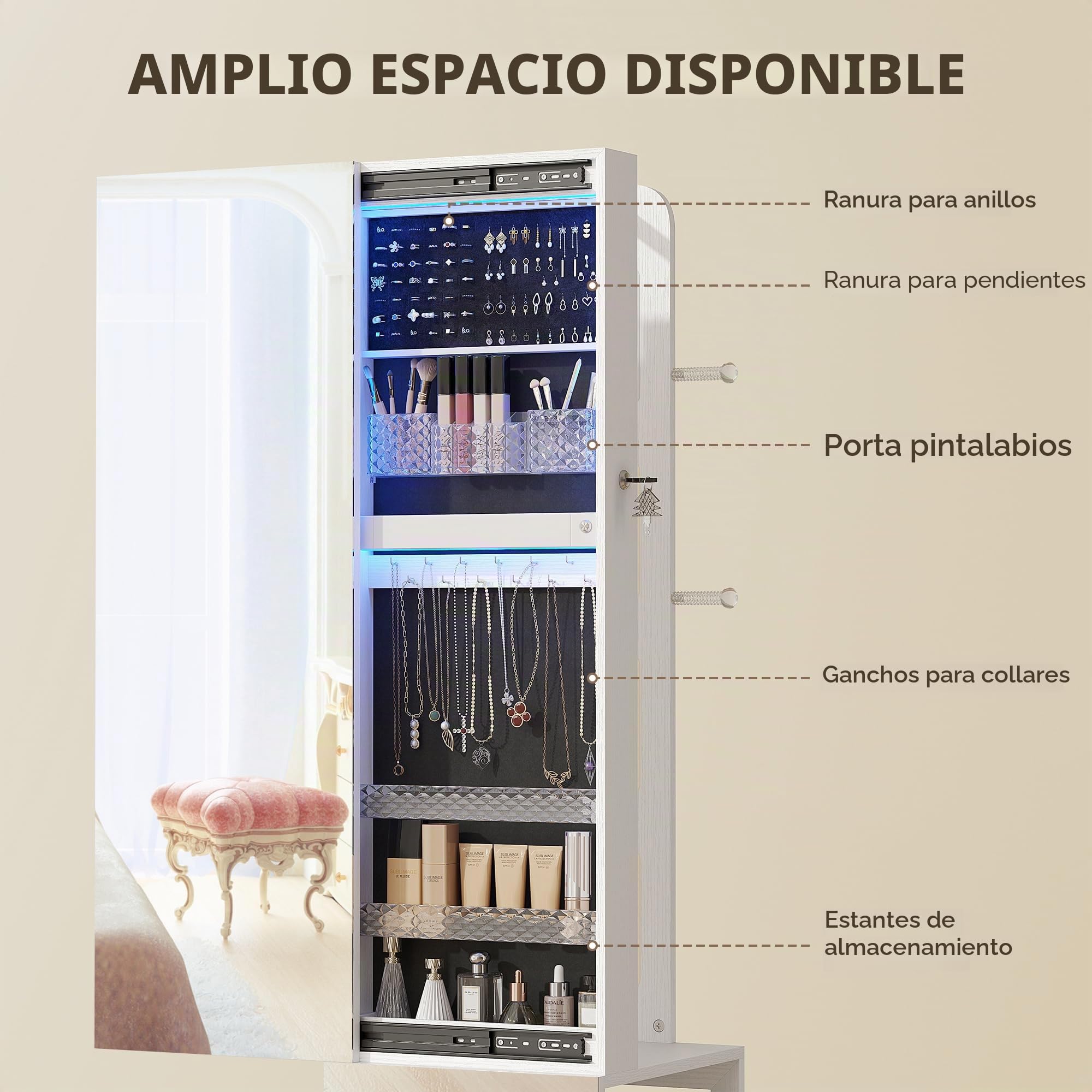 HOMCOM Armario de joyas con espejo, bloqueable 360°, marco blanco | Organizador de joyas giratorio con iluminación LED, para dormitorio/vestidor, forro negro