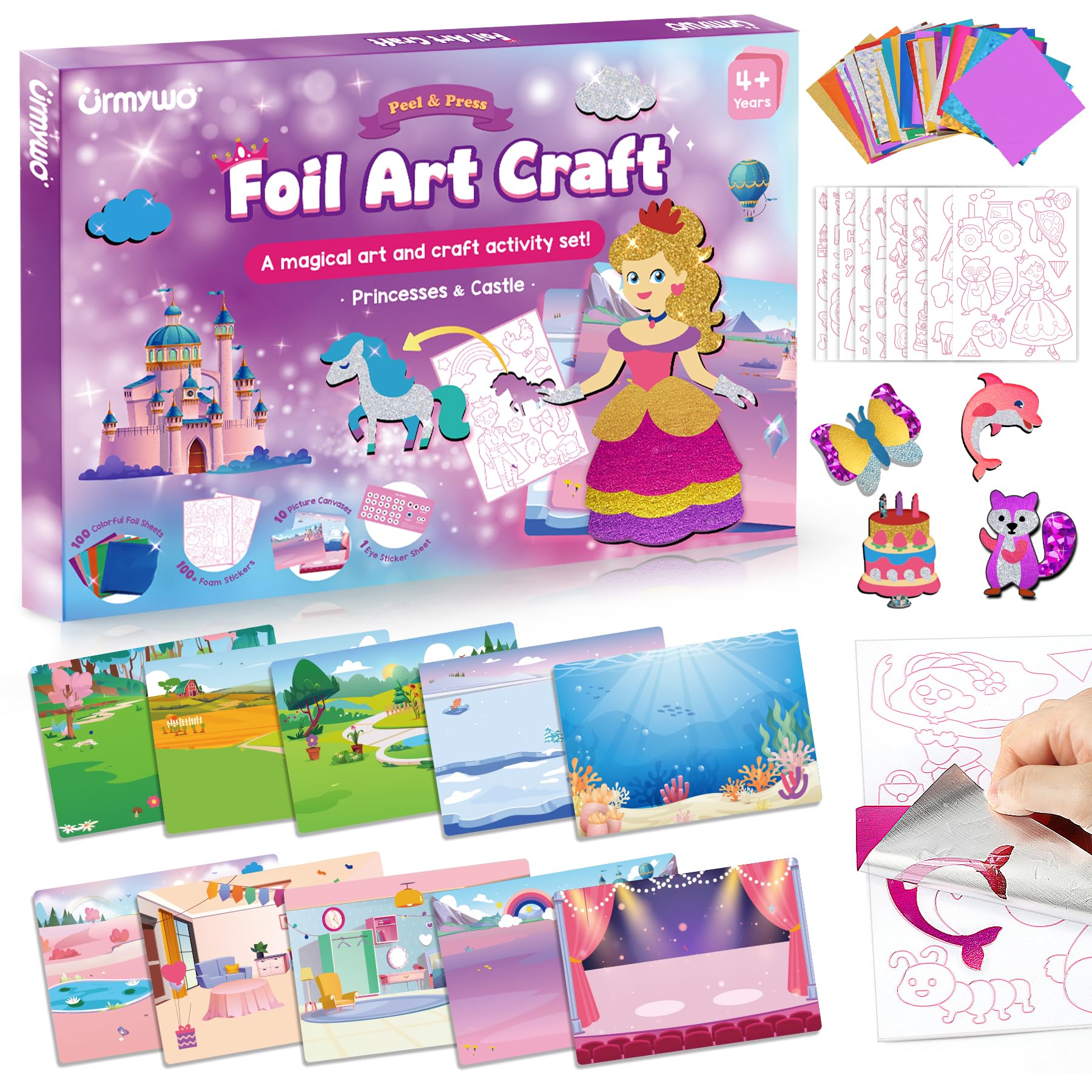 URMYWO Foil Arts and Crafts for Kids Ages 4-8, No Mess Princess Fun Foil Art Craft Supplies Kits, DIY Creative Activity Coloring Books, Travel Toys