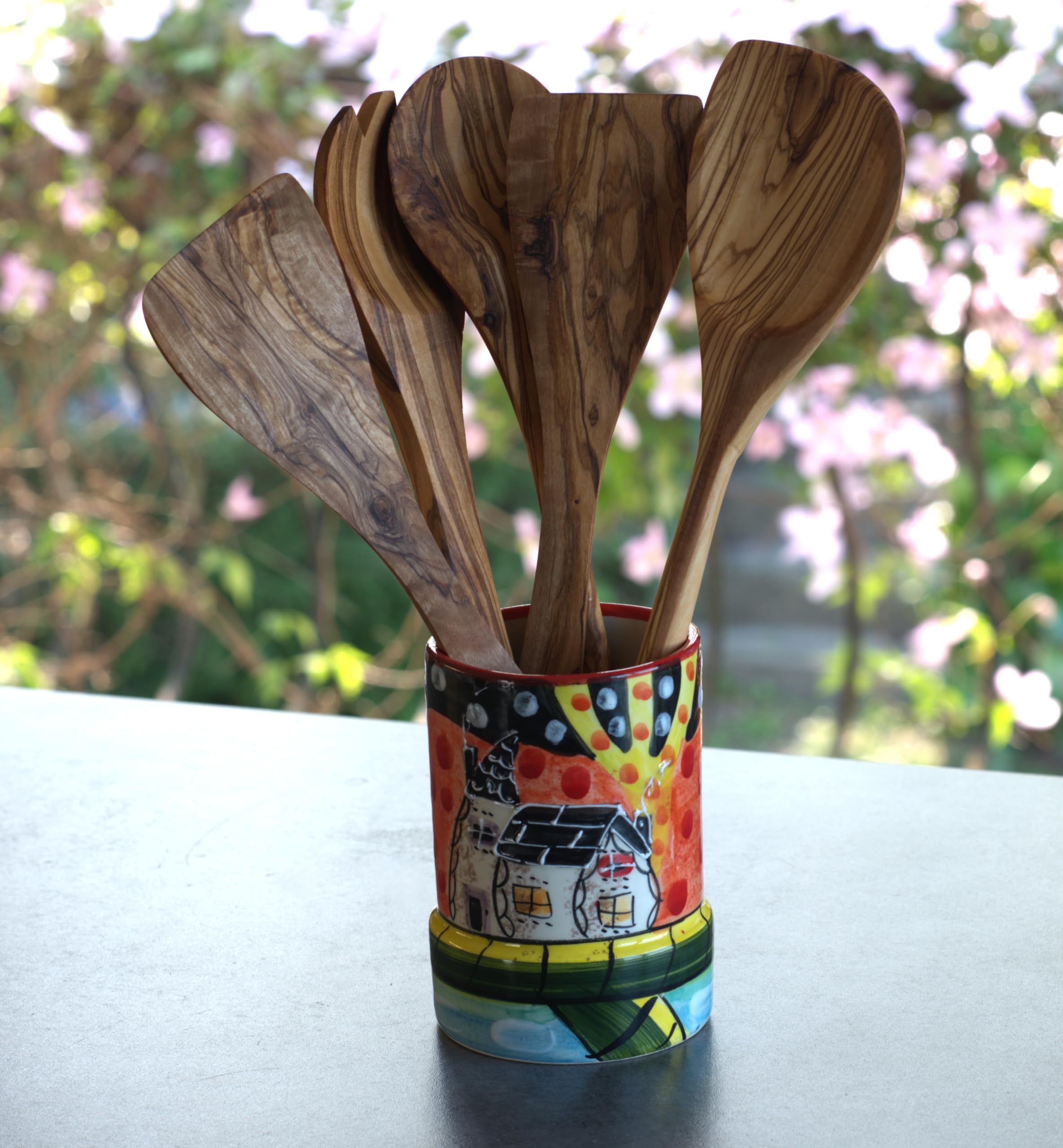 Olla de cerámica pintada a mano | Tuscany or Picasso Theme | Fabricado en España | Soporte para utensilios, decoración de cocina, tarro organizador de almacenamiento para cucharas, cubiertos