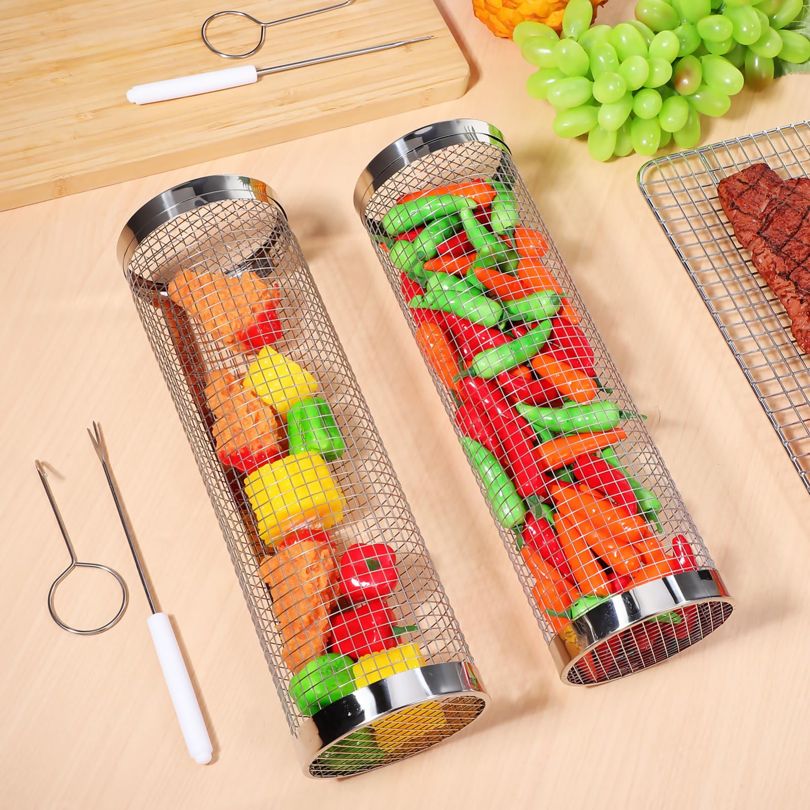 Cestello Rotante per Griglia 2 Pezzi in Acciaio Inox 304 | Forma Tonda, Grande Capacità, Facile Girare e Pulire, per Verdure e Alimenti Durante Campeggio e Barbecue