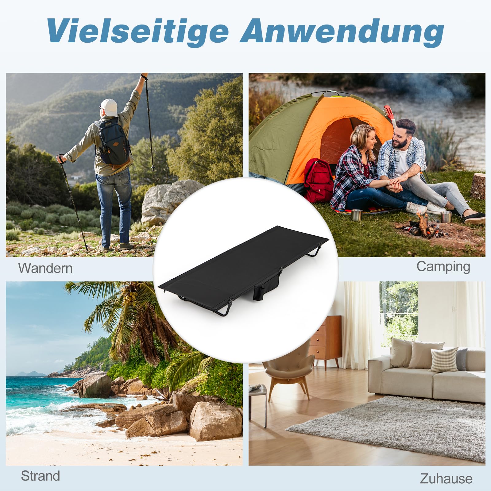 COSTWAY Feldbett klappbar, ultraleichtes Campingbett mit Seitentasche, 193 x 70 cm, tragbares Klappbett, 200 KG Tragkraft, Campingliege für Camping, Reisen, Strand (Schwarz)
