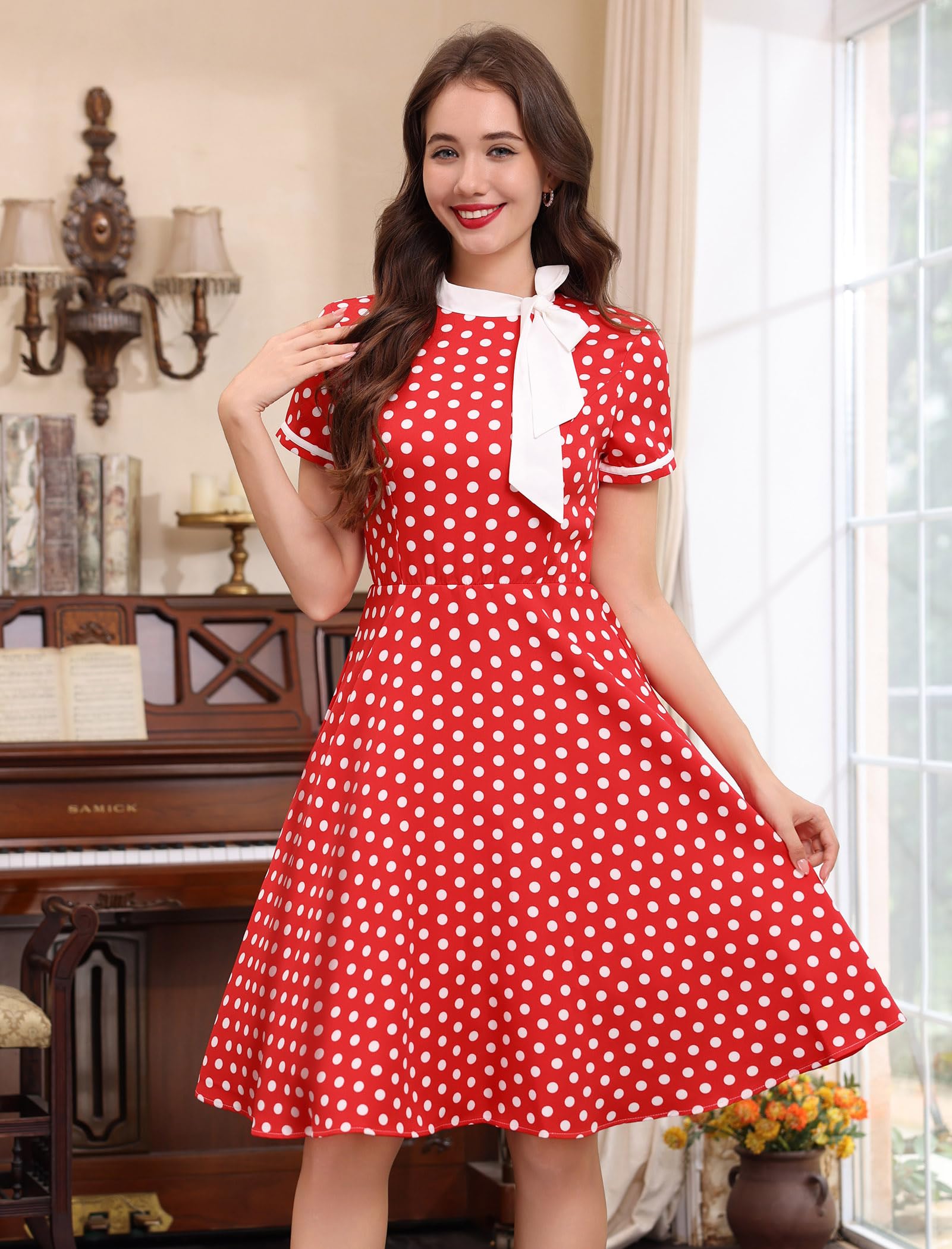 Abito da donna in stile anni '50, vintage, a pois, con fiocco, per lavoro, stile Audrey Hepburn, Rockabilly, cocktail party, Rosso, XX-Large