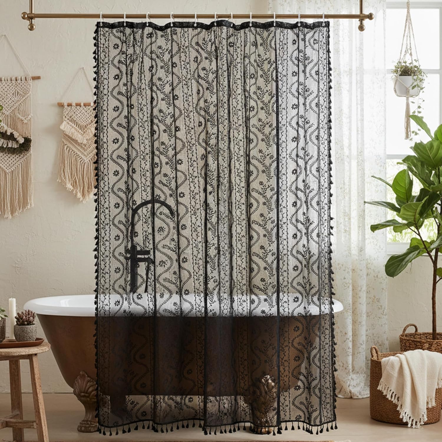 Black Lace Shower Curtain - Vintage Pretty Floral Sheer Shower Curtains Goth, Decorative Tassel Bath Curtains for Bathroom, 72 x 96 Inch, 1 Panel