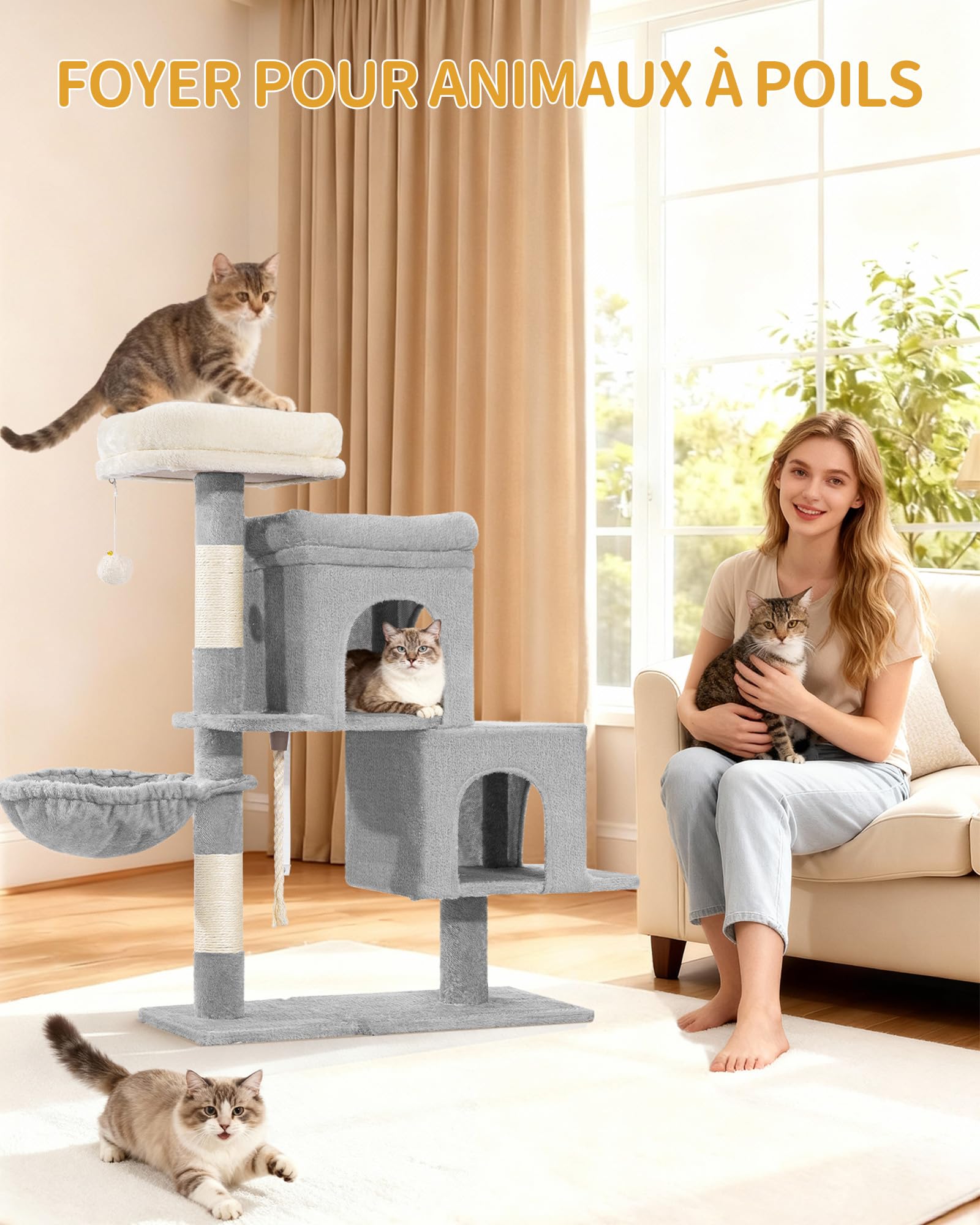 Hzuaneri Arbre a Chat, Petit Arbre à Chat de 95 cm, Spacieux et Stable, Fond Réglable, avec Grande Plateforme Souple, Pompons, Panier, Griffoir, Corde en Sisal, Gris Clair MS09718LG