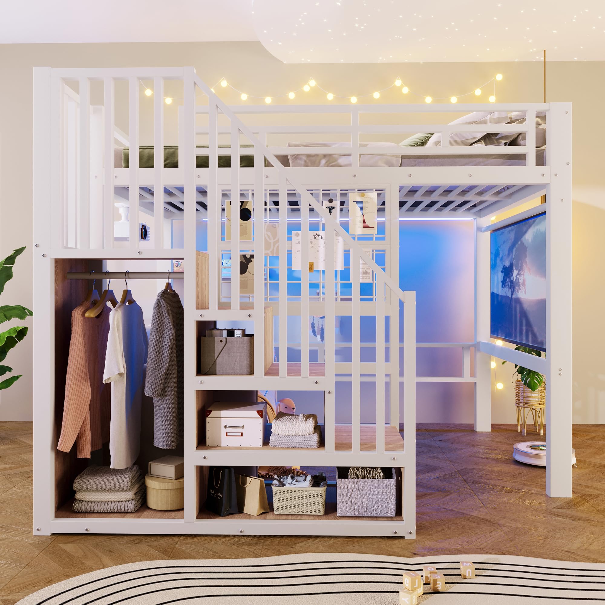Merax Hochbett 140x200 cm mit Treppe und Stauraum, Metallbett Jugendbett mit LED-Beleuchtung, Gitterwand & Leinwand-Halterung, Platzsparendes Bettgestell (ohne Matratze & Leinwand), Weiß