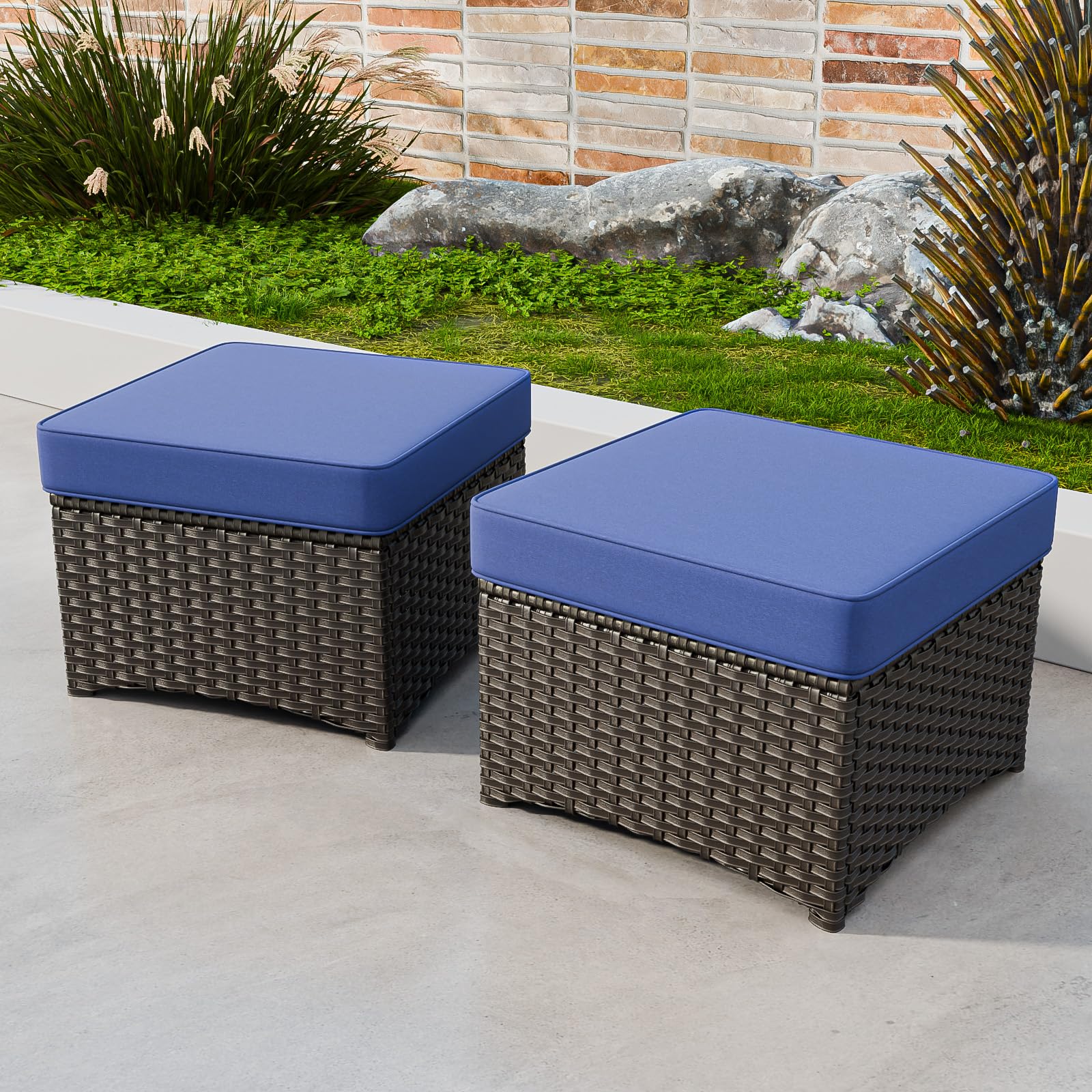 COOS BAY Stone Harbor Outdoor Wicker Ottomans, Small Patio Ottoman Set of 2, Square Rattan Ottoman Foot Rest for Patio Backyard Deck Porch, Brown/Blue