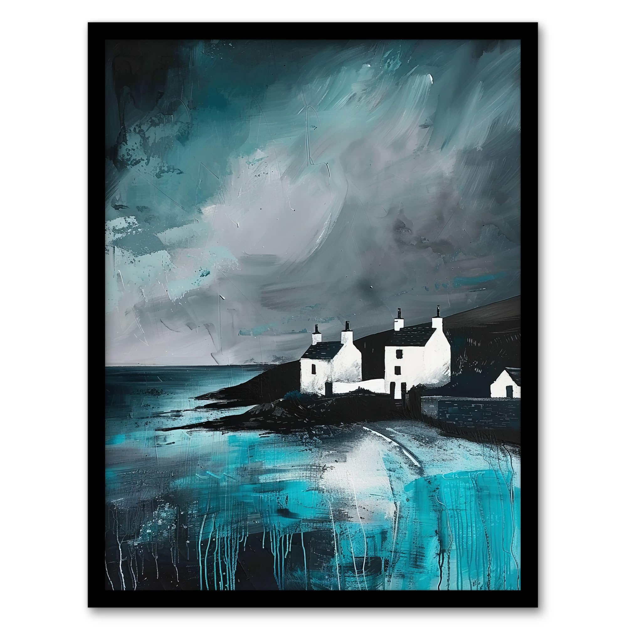 Artery8 Coastal Cottages Oil Painting Grey Sky Scotland Living Room Art Print Framed Poster Wall Decor 12x16 inch โ image 1