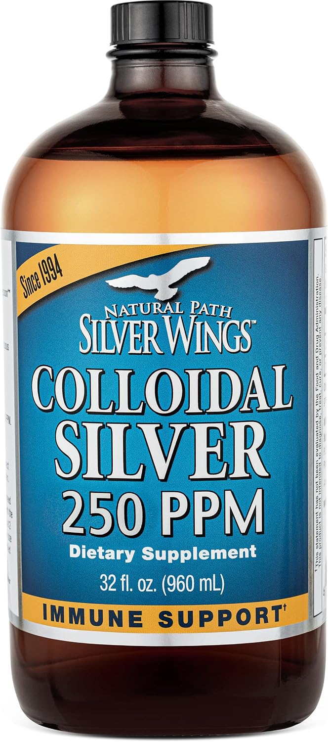 Natural Path Silver Wings Colloidal Silver 250ppm 32oz - Premium Glass Bottle - Natural Mineral Supplement for Immune Support - 250 PPM (1250mcg) - 32 oz