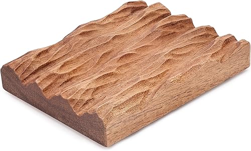 Miniatura 7 de Jabonera de madera de acacia con autodrenante, divertido y moderno diseño multiforma, soporte para jabón para encimera de fregadero, bandeja de