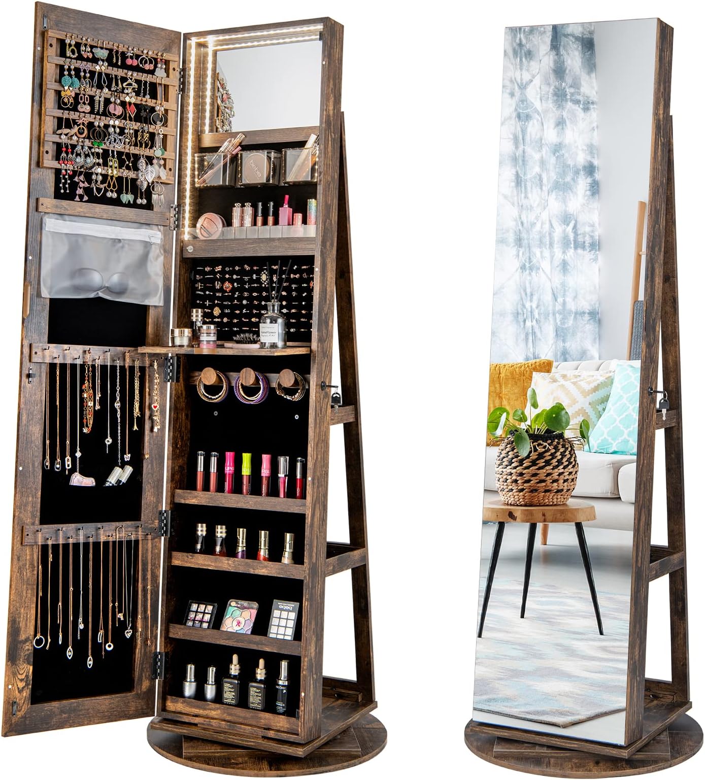 LOKO 360° Swivel Jewelry Cabinet, Lockable Jewelry Organizer with Rear Storage Shelves, Standing Jewelry Armoire with Full-Length Mirror & 3-Color LED Lights, for Girls Women, Bedroom (Rustic Brown)