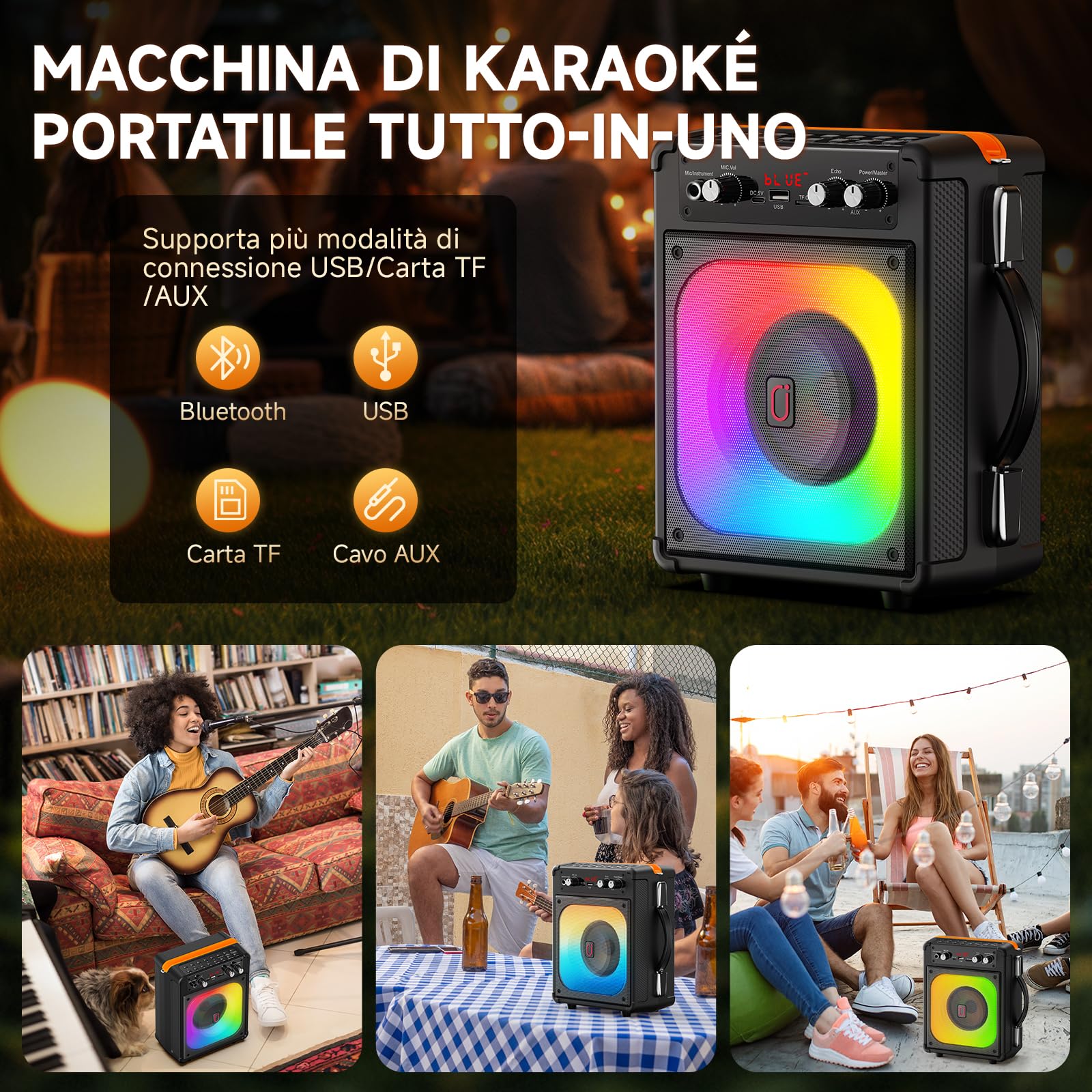 HWWR Karaoke con 2 Microfono, 60W Cassa Bluetooth 5.3 Subwoofer da 6,5, 12 Ore Riproduzione, Karaoke Portatile per Adulti/Bambini con Effetti Luce LED, Festa/Casa/Compleanno
