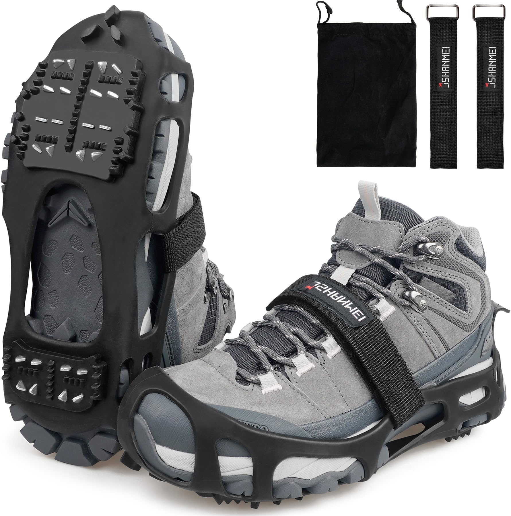 Ice Cleats, Crampons Snow Traction Ice Cleats for Shoes and Boots Women Men, Non Slip Grippers Spikes for Shoes with Straps, Slip-on Rubber Overshoe Stretch Footwear for Winter Walking Hiking Fishing