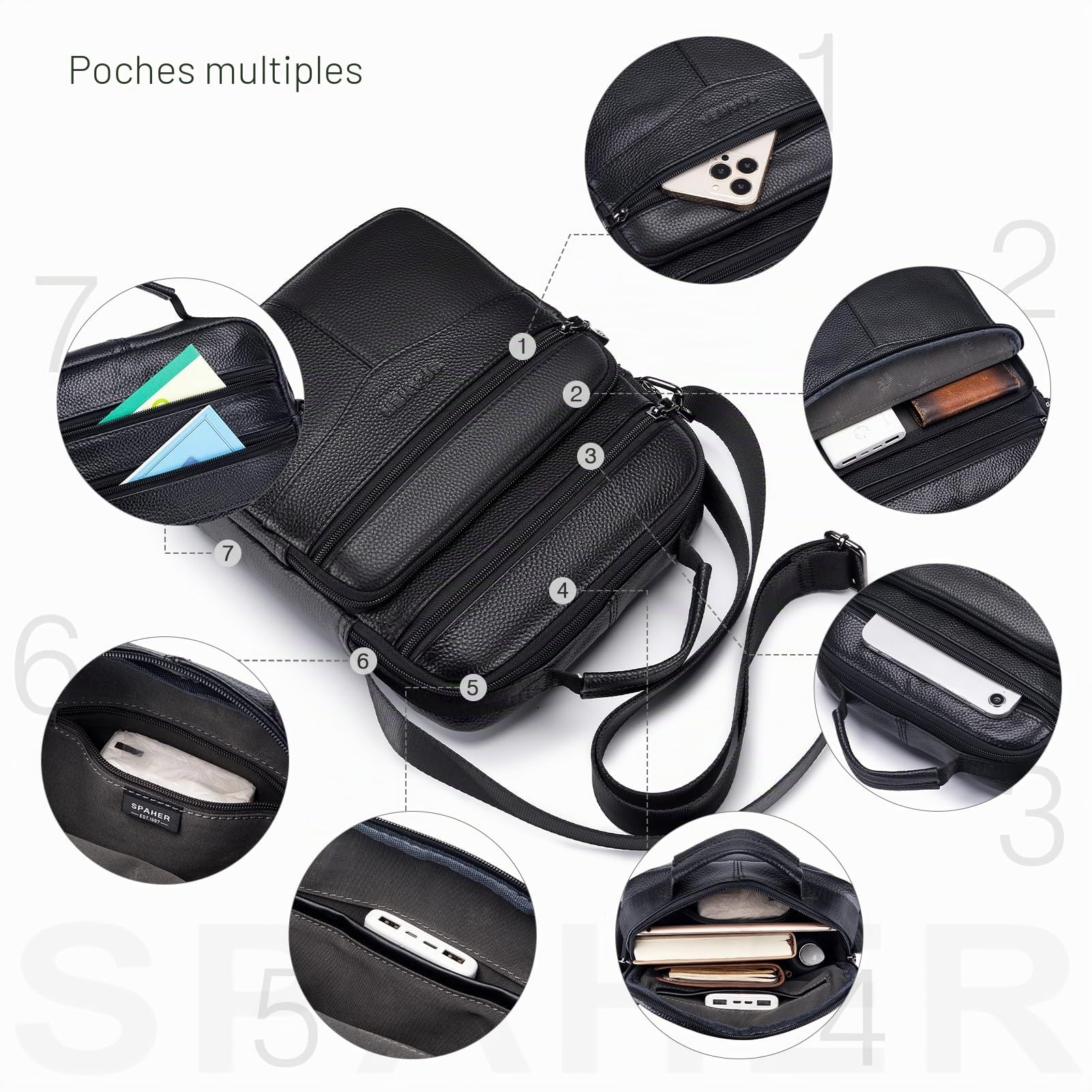 SPAHER Grand Sacoche Homme Bandouliere Cuir Sac porté Epaule en Cuir Homme Pochette Besaces Sac à Dos Sac de Messager Porte-Documents Sac Bandoulière Cartable Crossbody Sac à Main