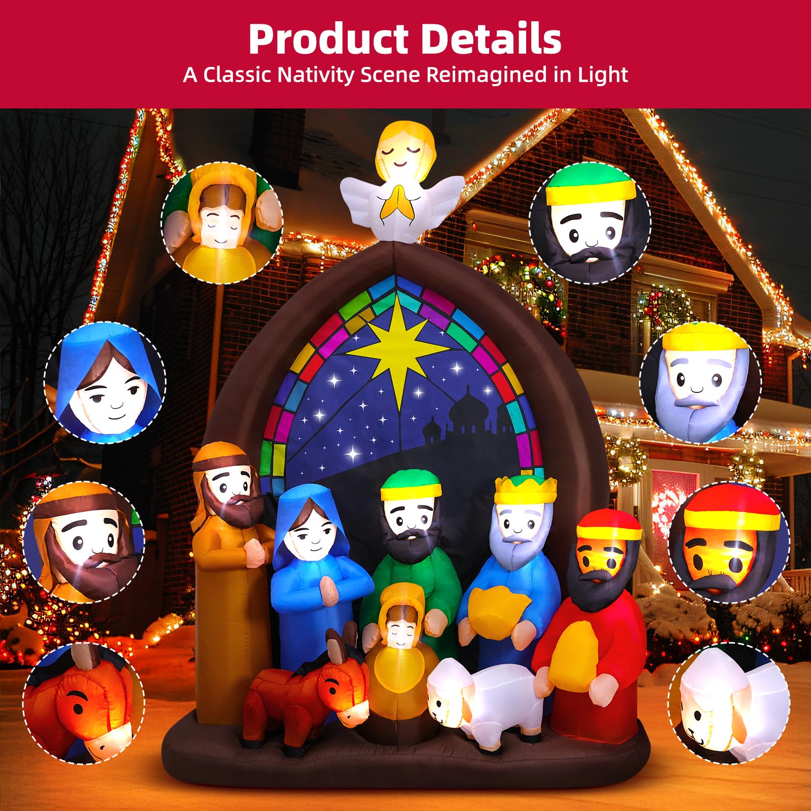 Crèche de Noël Gonflable de 2,4 m avec lumières LED, Grande crèche de Noël Gonflable Jésus pour Jardin, pelouse, église, décoration de Noël