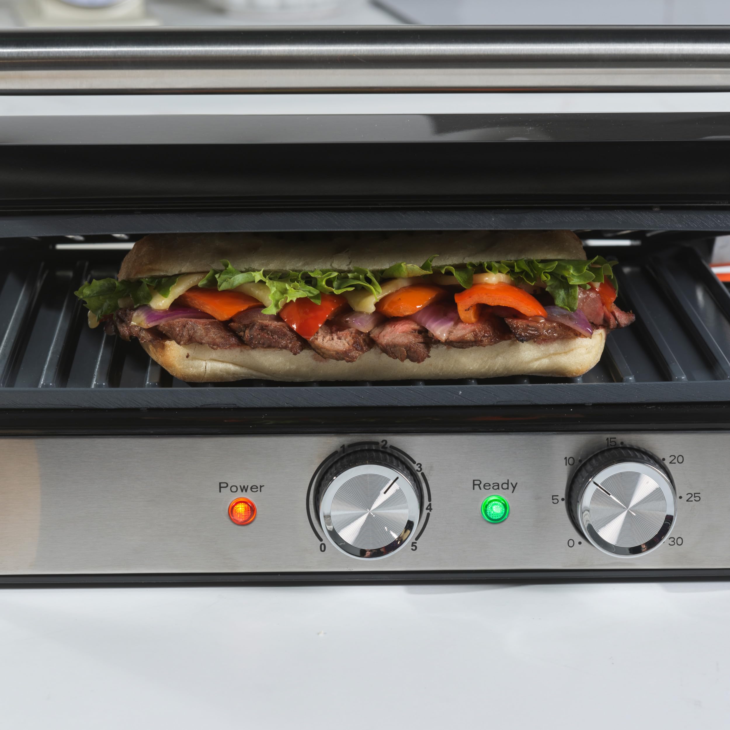 Salter Duży elektryczny grill zdrowotny – talerze ceramiczne otwierane na płasko dla dodatkowej przestrzeni, bez PFAS, toster do kanapek ze stali nierdzewnej i prasa do panini, taca na nadmiar oleju